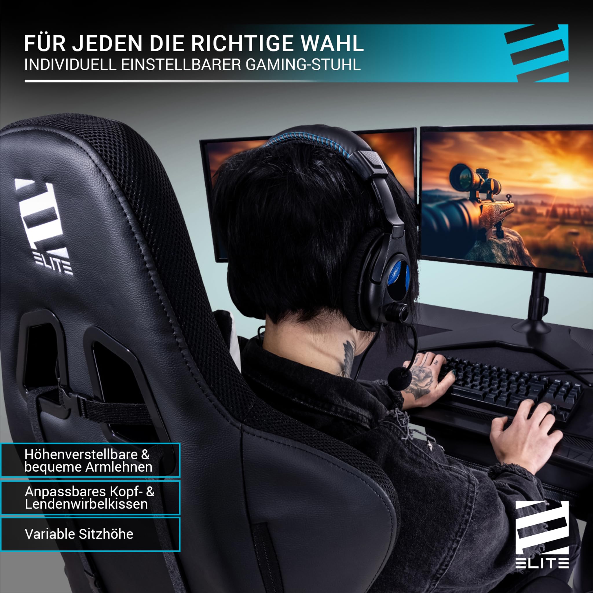 ELITE Gaming Stuhl MG200 Destiny | Ergonomischer Bürostuhl - Schreibtischstuhl - Chefsessel - Sessel - Racing Gaming-Stuhl - Gamingstuhl - Drehstuhl - Chair - Kunstleder Sportsitz (Schwarz/Weiß)