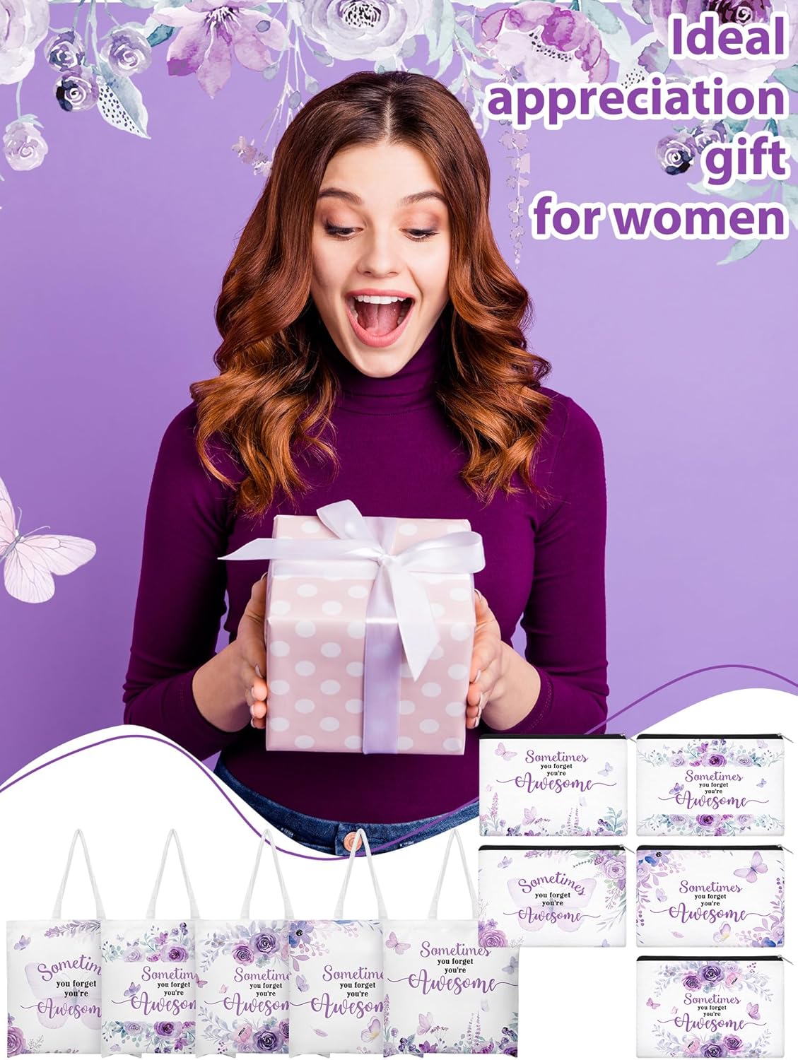 Shinylin 10 Pcs/5 Sets Teacher Appreciation Gifts Bulk Purple Butterfly Tote Bag and Makeup Bag Set Employee Appreciation Gifts Bulk You're Awesome Presents for Teacher Nurse Women Worker
