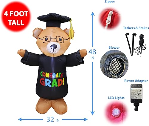 Miniatura 6 de Paquete de dos decoraciones de fiesta de graduación, incluye un oso de peluche marrón inflable de 4 pies de alto con gorra y gafas de bata, y mano