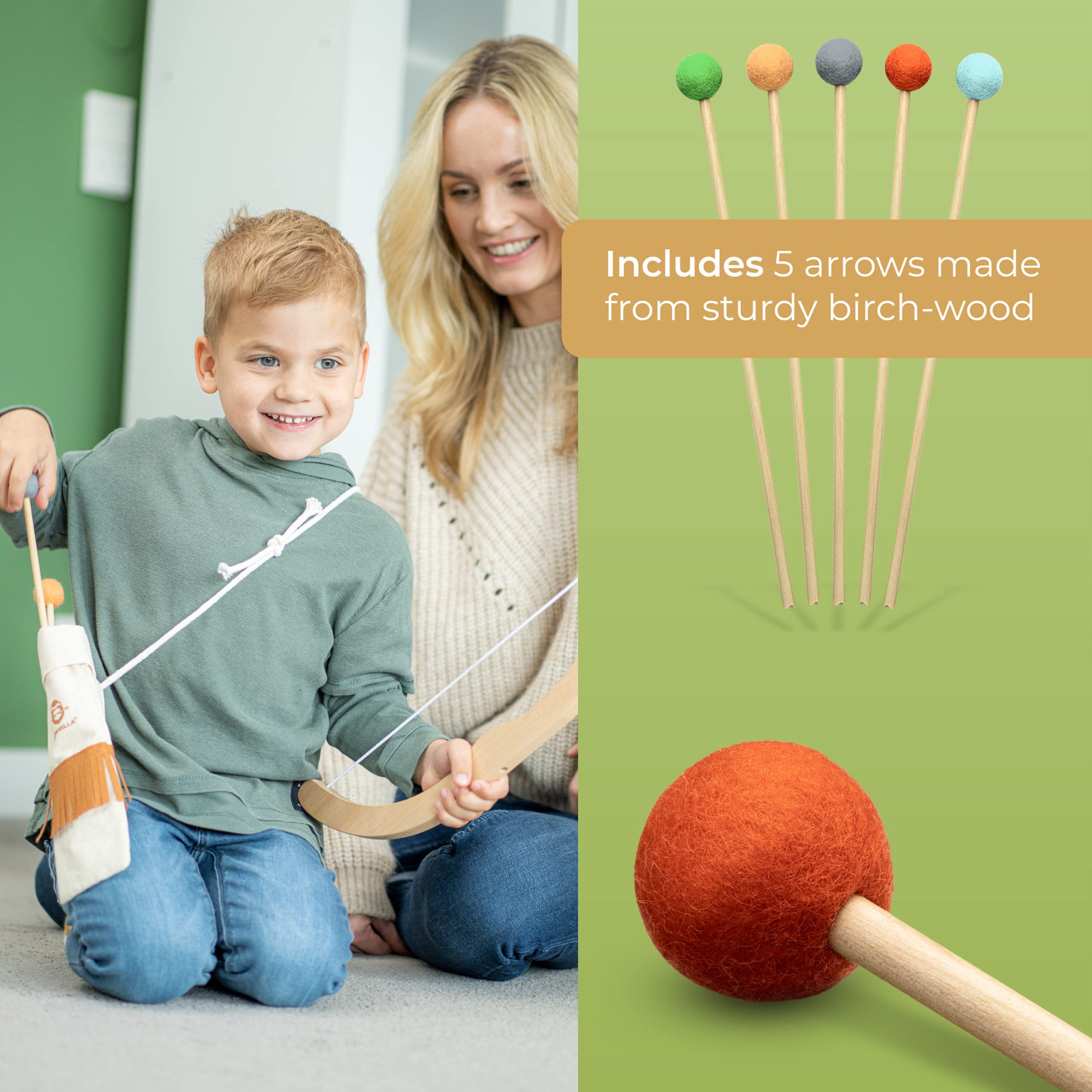 BOWRILLA ® Arco y Flecha Juguete Infantil de Madera con 5 Flechas, 4 dianas y Bolsa para Flechas | Juguete Infantil de Tiro con Arco para Interior y Exterior a Partir de 3 años | Apto para diestros y