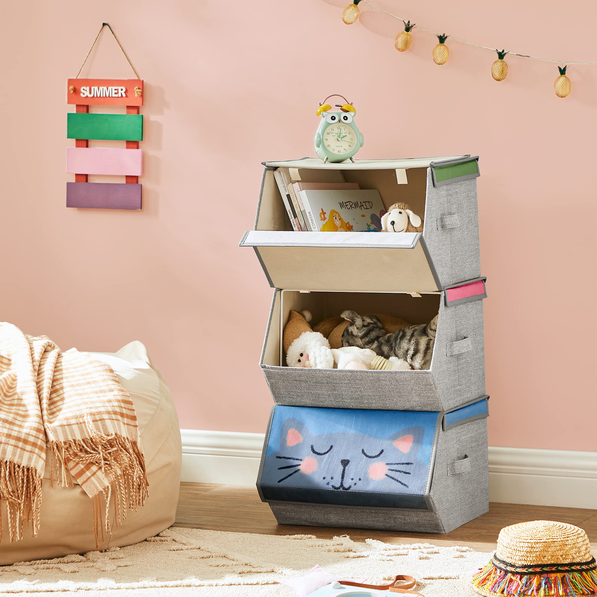 SONGMICS Aufbewahrungsboxen, 3er Set, Faltboxen, Stoffboxen mit Griffen, Organizer, magnetischer Deckel, für Kinderzimmer, Spielzimmer, Tier-Motive, rosa, blau, grün und grau RFB760P01