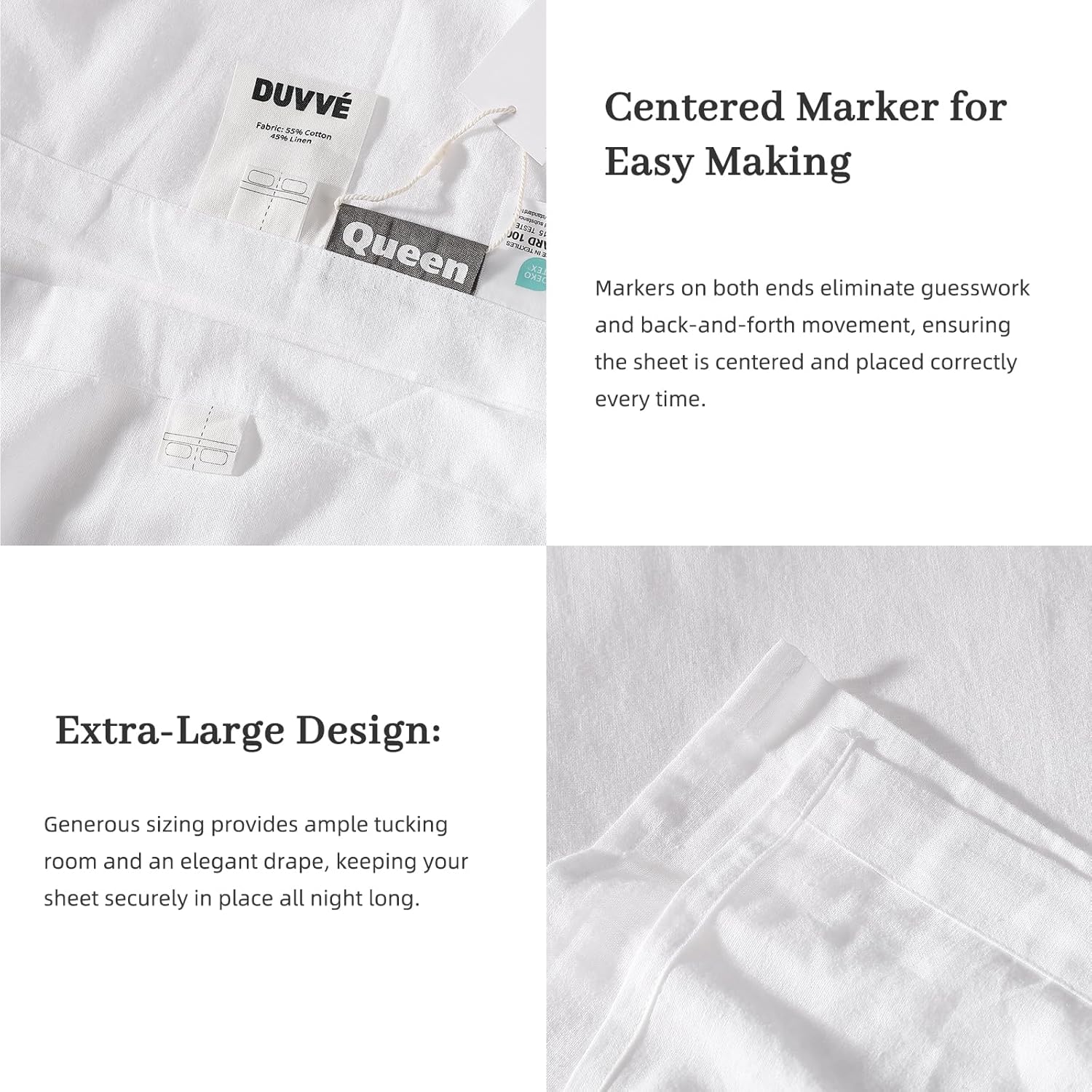 Luxury Cotton Linen Blend Flat Sheet, Cooling Breathable Natural Texture, Softening Durable Lightweight (White, Queen)