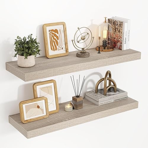 Miniatura 24 de Estantes flotantes de 24 pulgadas, con textura 3D de veta de madera, estantes flotantes de pared de 24"x9.25"x1.5" de profundidad, estantes de Roble