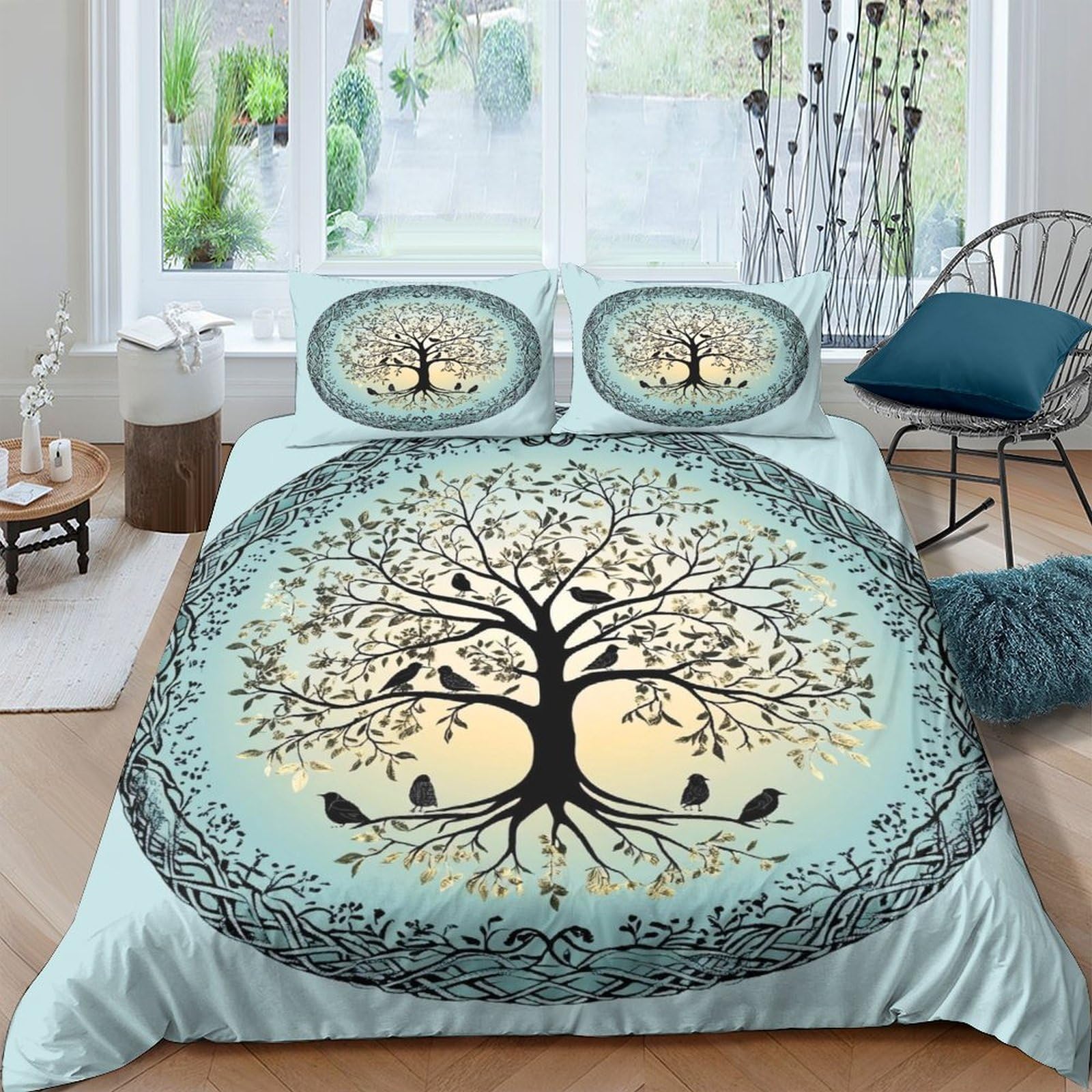 Ctjqhvkz Style-10 3D Printed Tree Of Life Fitted Sheet Microfiber Soft Greenish Blue Forest Owl Mattress Cover Bedroom Decor Single（135X200cm）