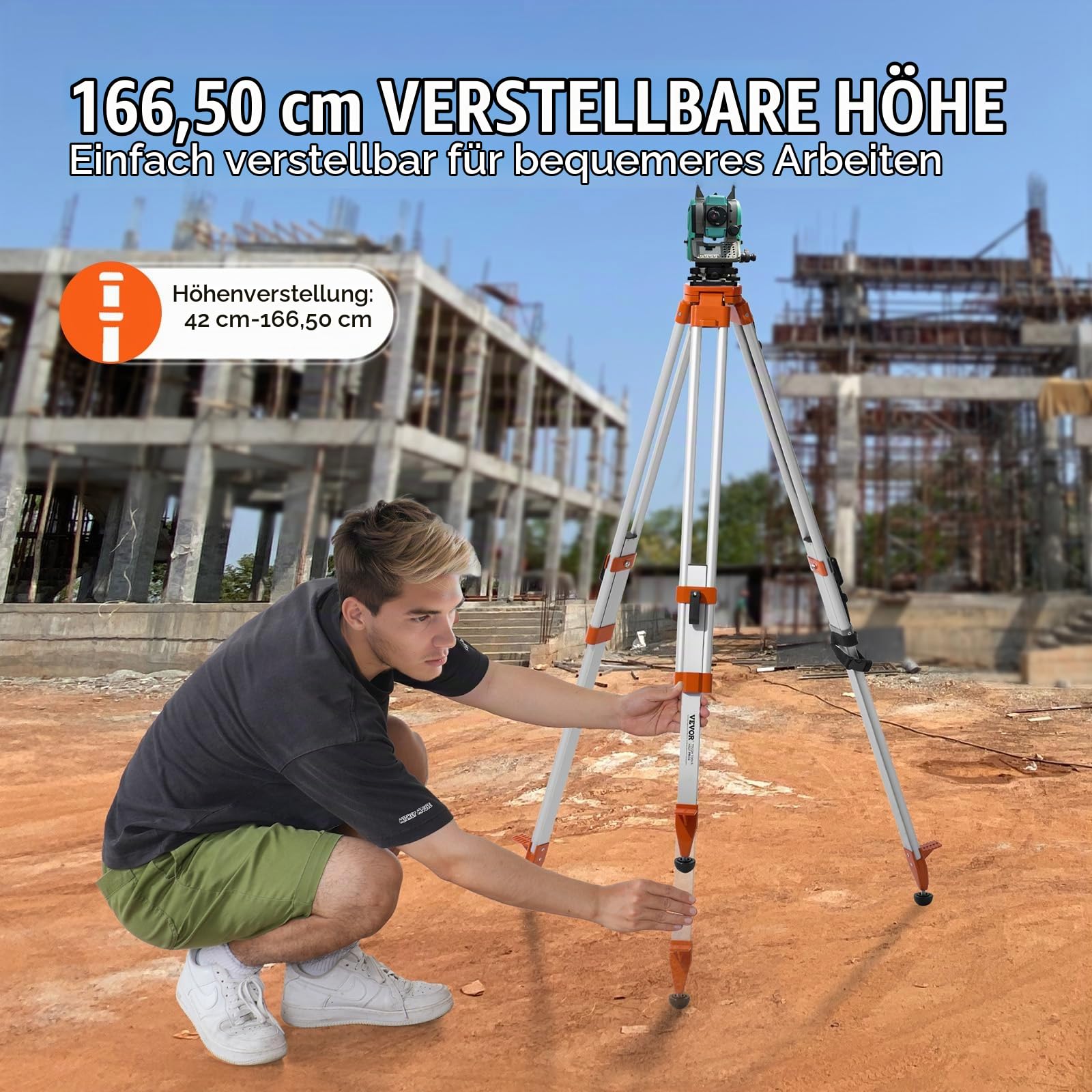 VEVOR Professional Baustativ, 5/8"-11-Gewindehalterung, höhenverstellbar 420-1665 mm, robustes Vermessungs-Stativ für Laser & Nivelliergeräte, einziehbare Beine, rutschfeste Füße