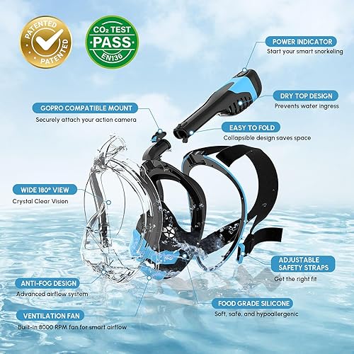 Miniatura 5 de Máscara de esnórquel de cara completa para adultos, equipo de esnórquel con el último sistema de tapa seca, sistema de flujo de aire patentado con