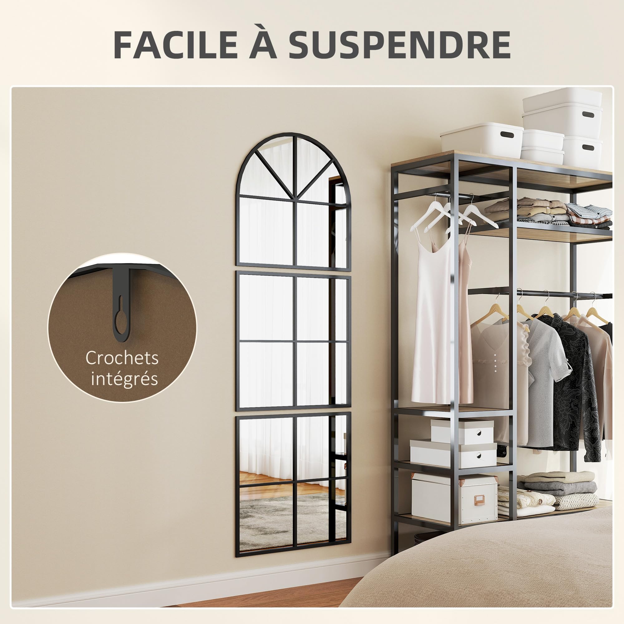 HOMCOM Miroir Mural arqué 60 x 180 cm, Grand Miroir verrière Arche Forme fenêtre avec Cadre en métal, pour Salon, Chambre, Couloir, Noir
