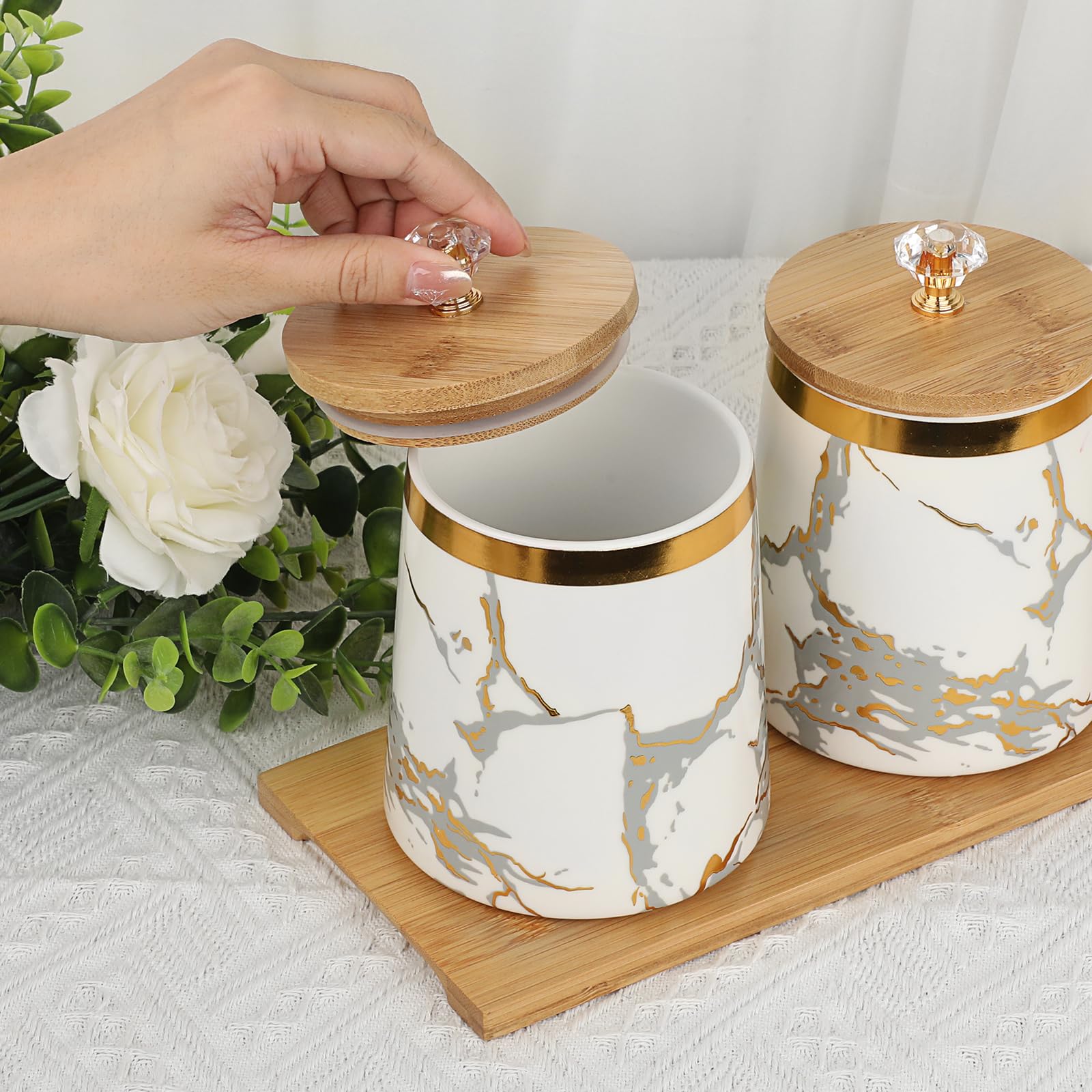 BTSKY Recipiente de cerámica blanca con tapa de madera y bandeja, 3 recipientes herméticos de almacenamiento de alimentos para café, té, azúcar, tarros de almacenamiento con tapa de madera y mango de