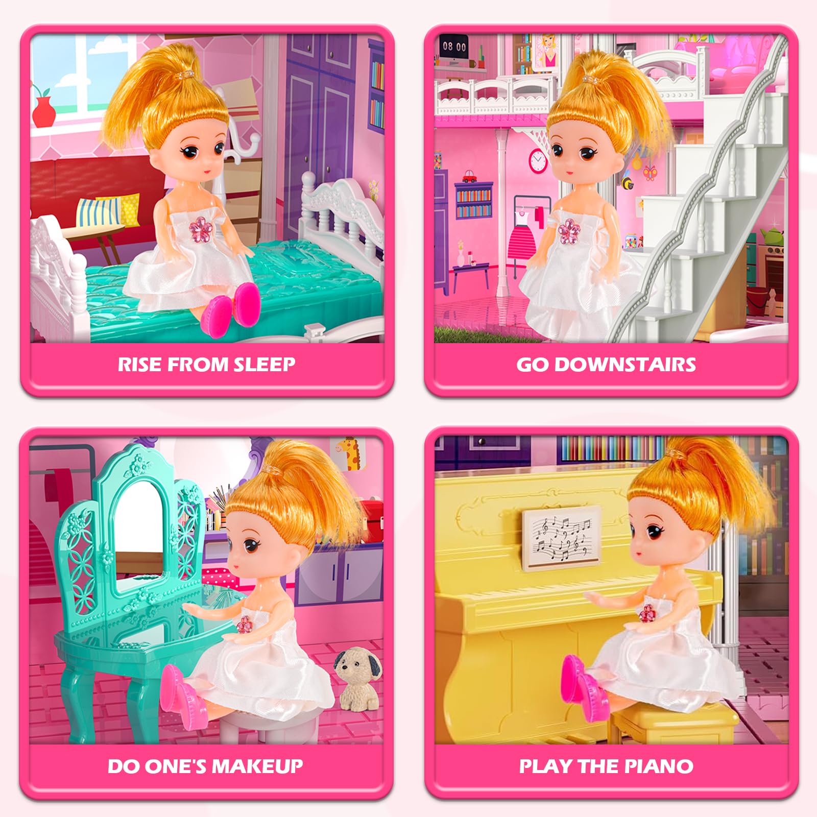 DIY Dolls House for Girls - 4-Level 10-Room Villa with 2 Dolls, 4 Dogs & Rich Accessories, DollsHouse Toys for Kids 4-8 Years Old