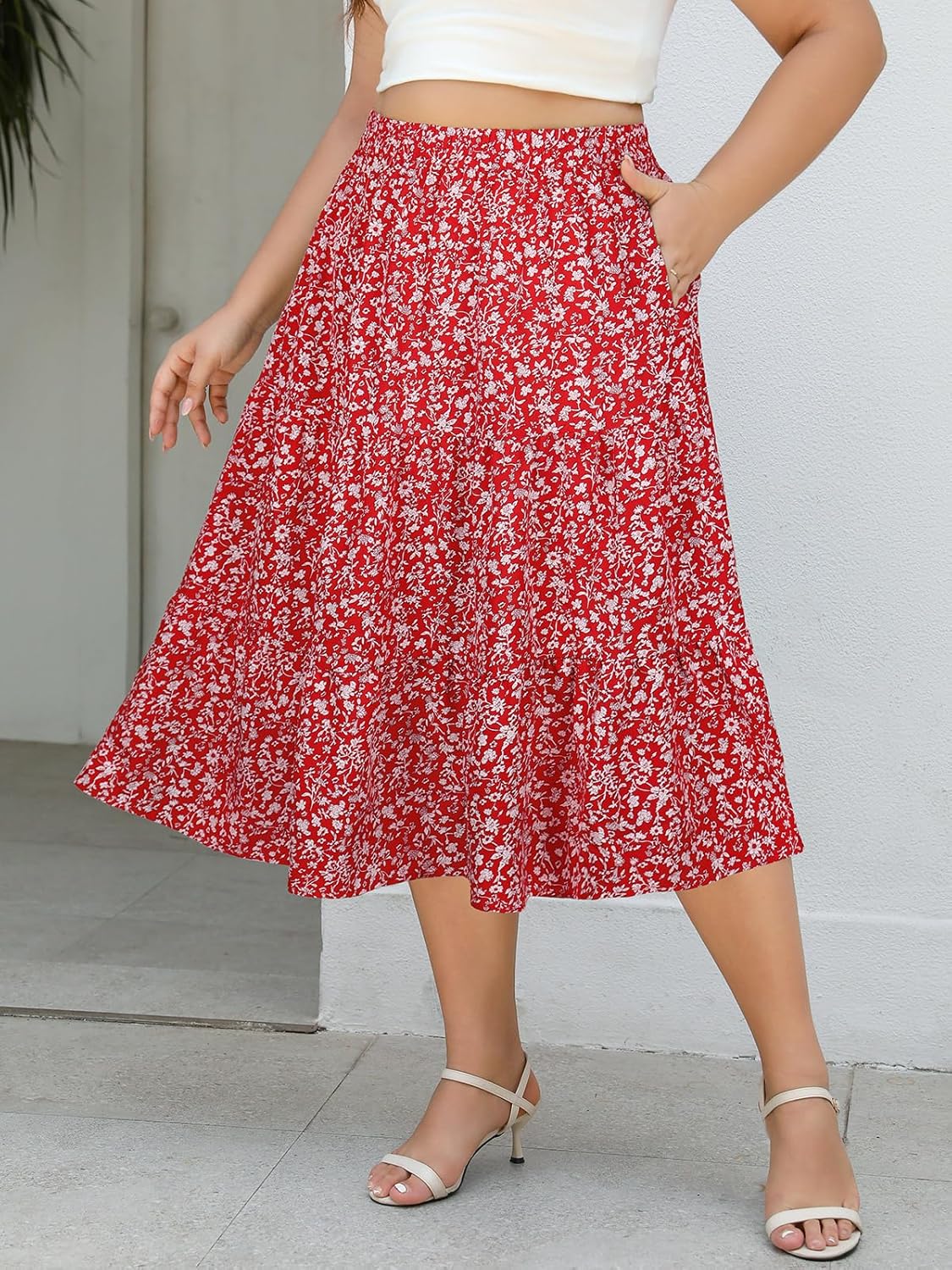 Women's Plus Size Casual Summer Midi Skirt with Pockets 1X-4X Tiered Lightweight A-line Skirts - Image 6