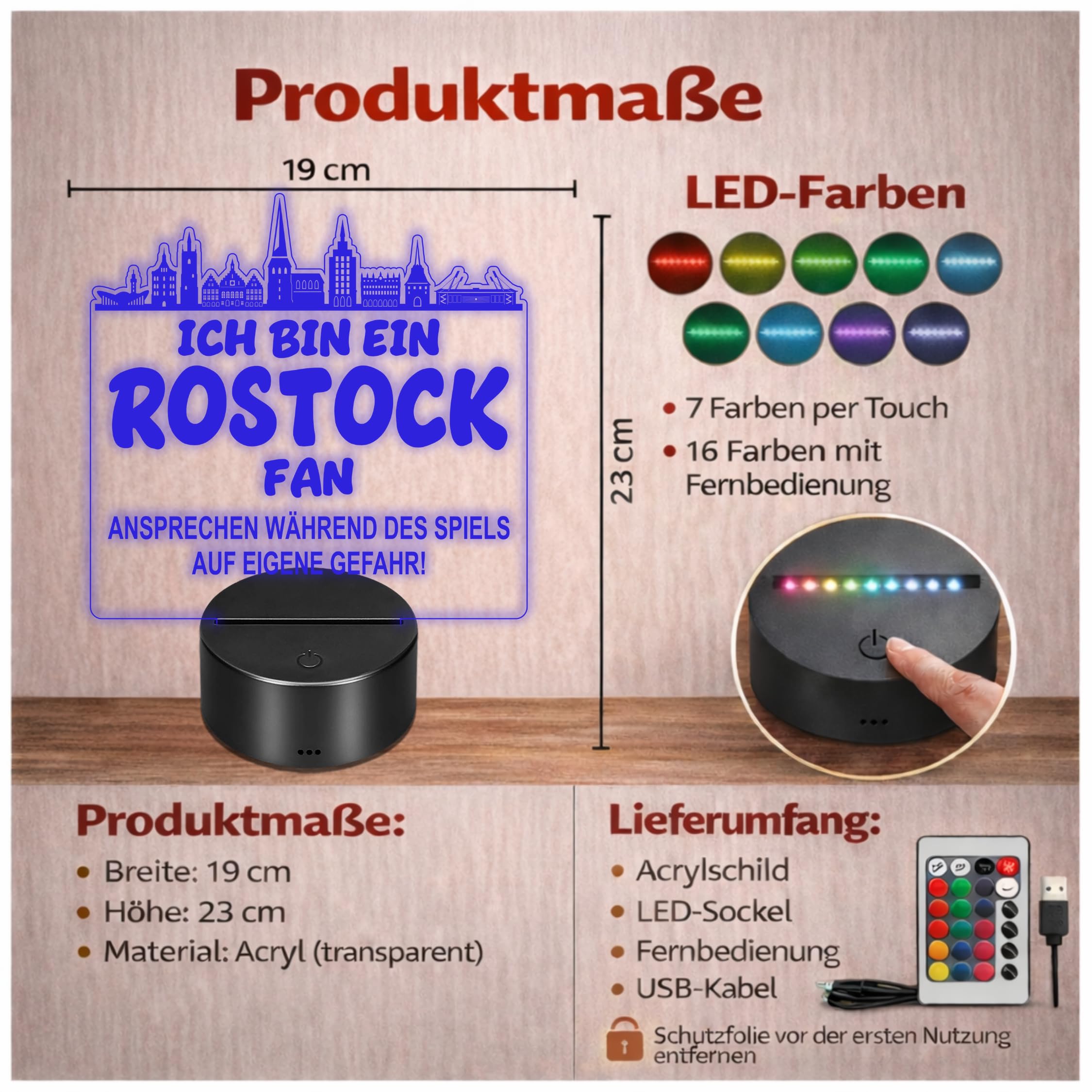 Lieblingsmensch Rostock Fan Fußball LED Nachtlicht – 3D Skyline Design „Ansprechen auf eigene Gefahr“ – RGB Farbwechsel mit Fernbedienung & Touch – Stimmungslicht für die Man Cave – 19x23cm