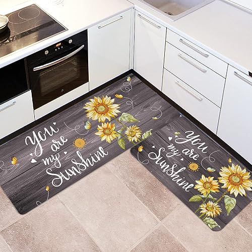 Miniatura 8 de RosieLily Juego de 2 tapetes y tapetes de cocina de girasol, antifatiga, impermeables, de piel de PVC, antideslizantes, tapetes de cocina para el