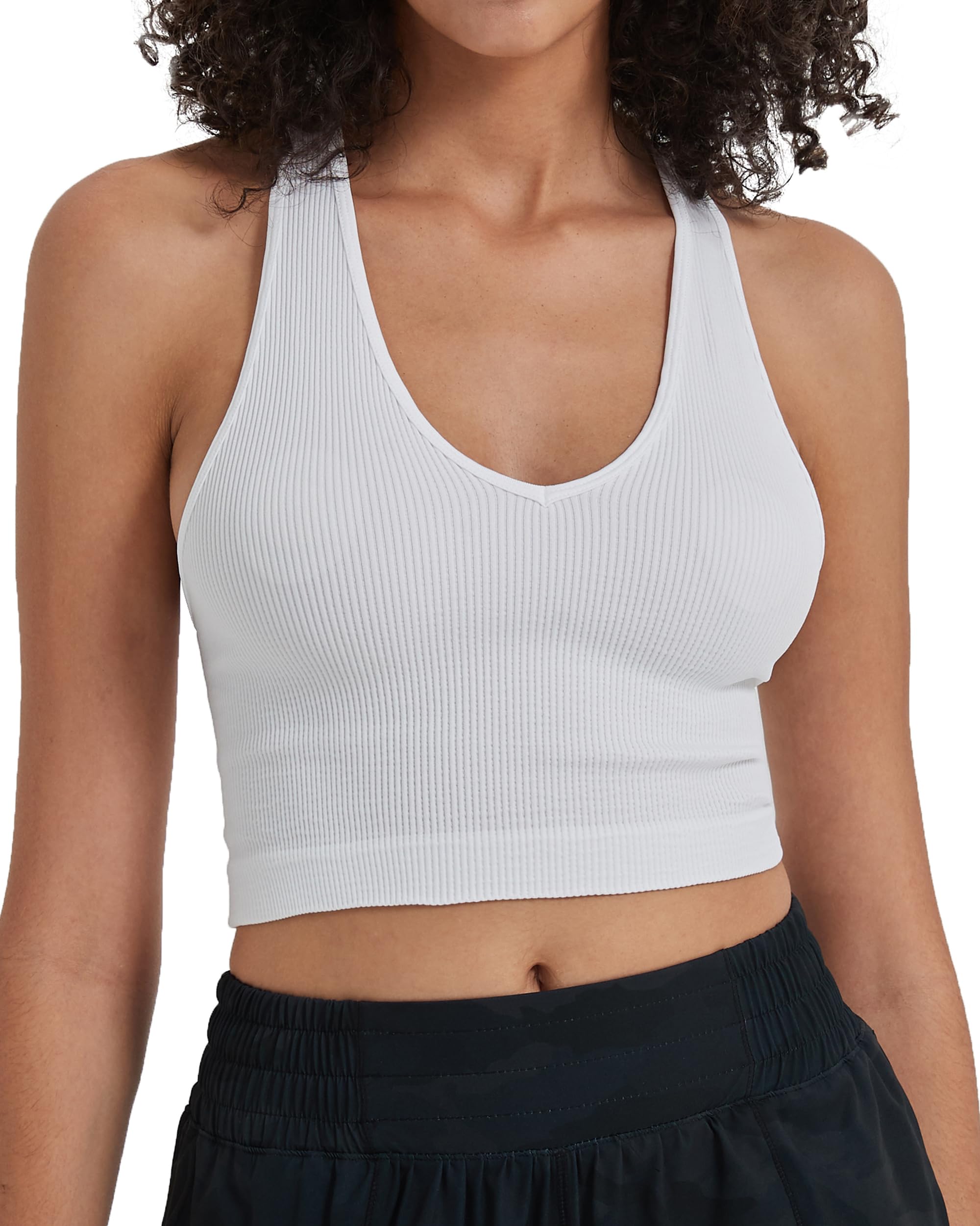 Attifall Women's 3 Pack Ribbed Racerback Crop Tank Top Seamless V-Neck Athletic Workout Cropped Tank Top Set(7302 White-M/L