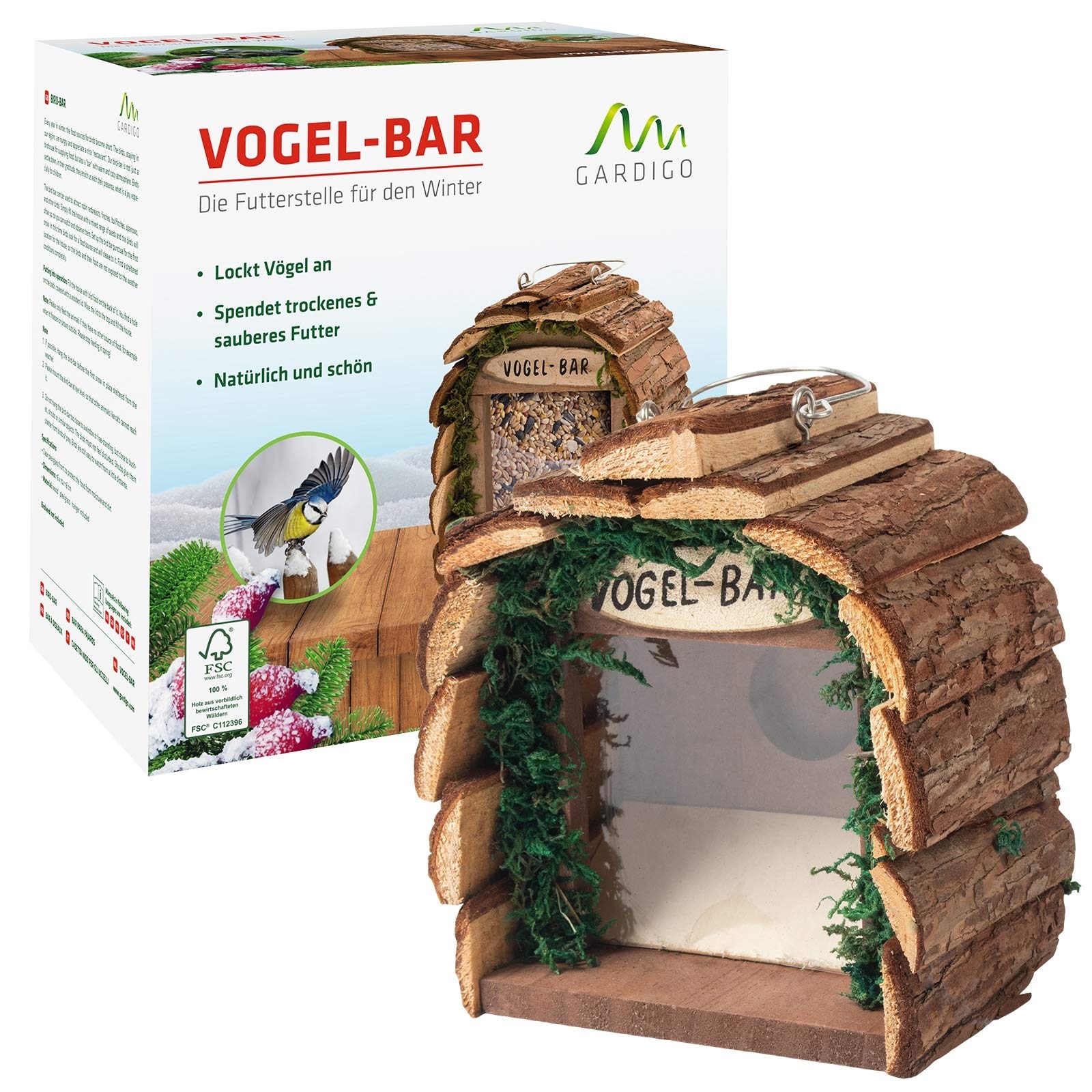 Gardigo® Comedero Exterior para Pájaros I Nido Dispensador de Alpiste y Dispensador de Comida Pájaros Silvestres I Comedero de Madera para Pájaro