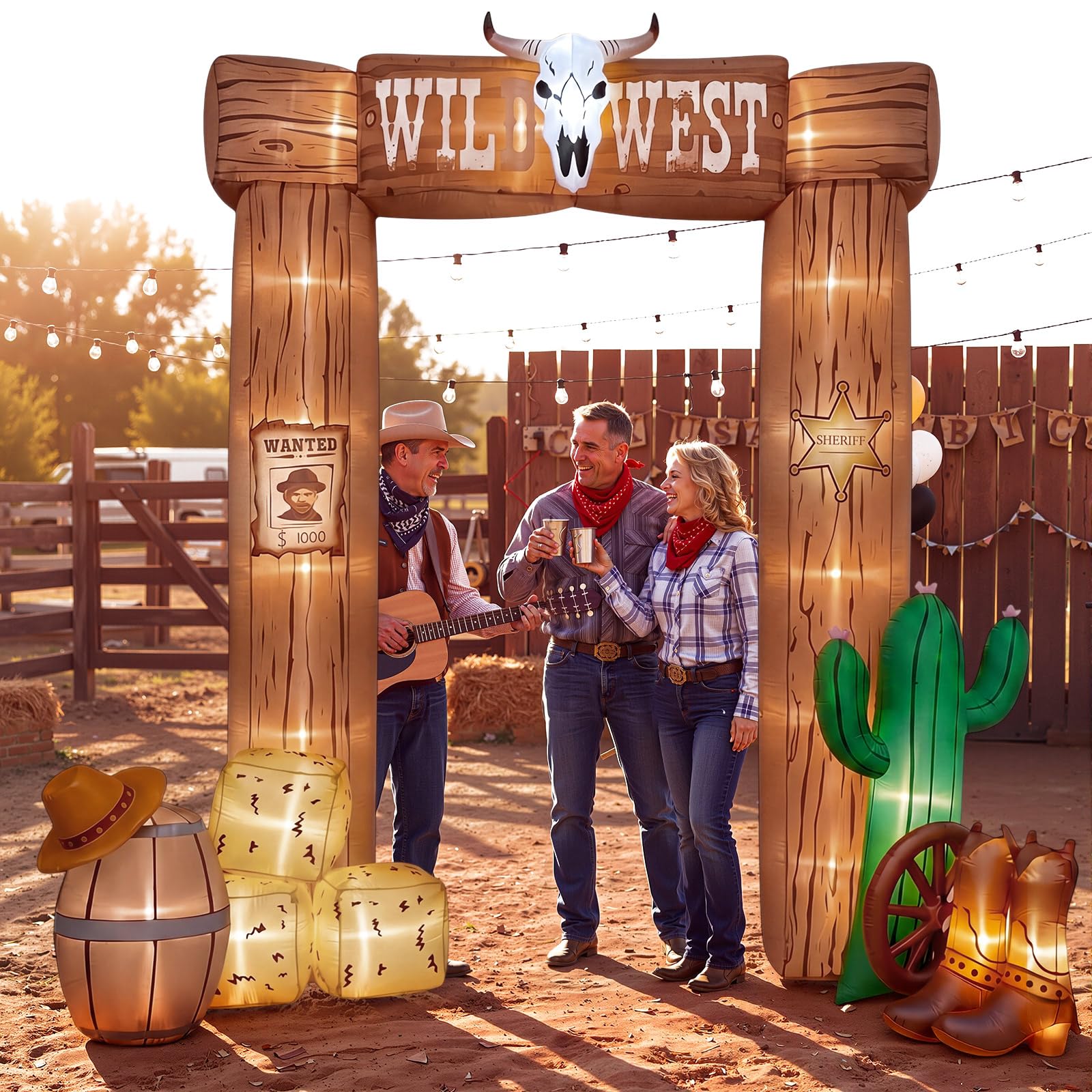 Capoda Decoración de arco inflable del salvaje oeste de 10 pies, decoración de entrada con temática de vaquero occidental, arco de campo occidental inflable con luces LED integradas para rodeo