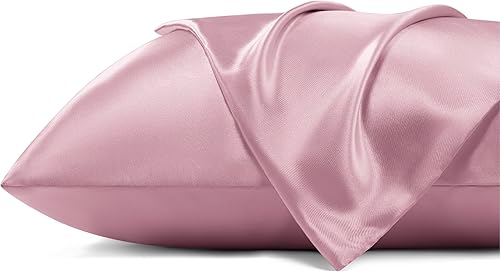 Bedsure Funda de almohada de satén para el cabello, fundas de almohada de satén rosa tamaño estándar con cremallera, paquete de 2, similar a las