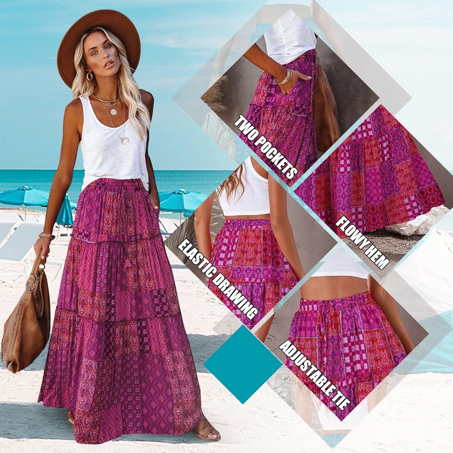 EARKOHA Womens Boho Maxi Skirt 2026 Summer Cruise Casual High Waist Tie Flowy Long Skirt with Pockets For Beach Vacation - Image 4