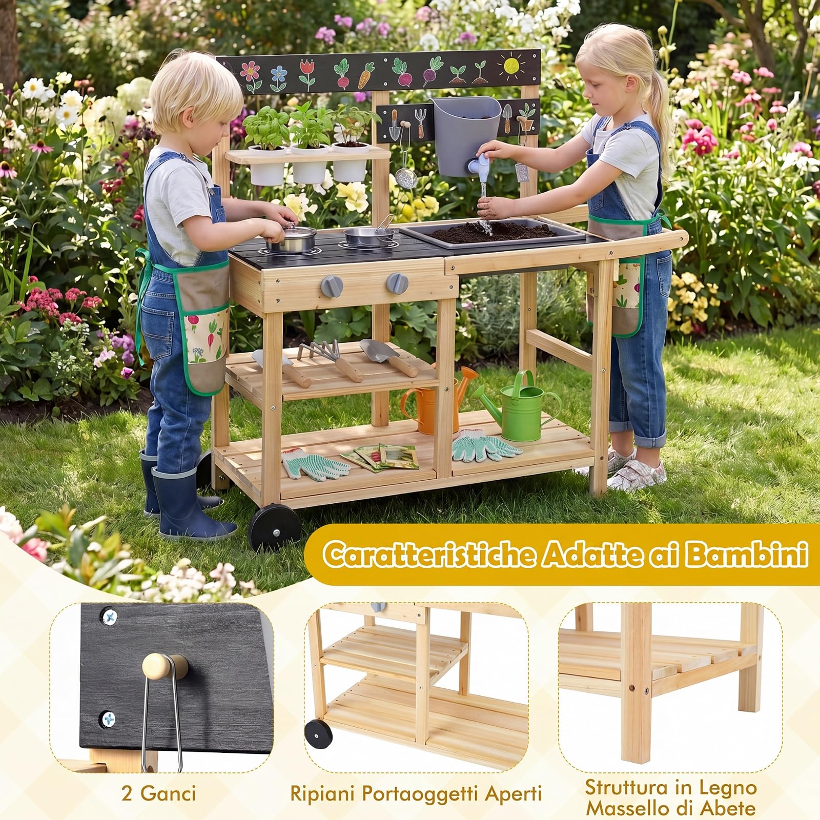 COSTWAY Cucina Giocattolo per Giardino, Cucina da Esterno per Bambini | con Pentola, Padella, Utensili da Cucina, Vasi da Fiori, Lavandino, Serbatoio e Lavagna, per Bambini 3+ Anni, 91 x 37 x 91 cm