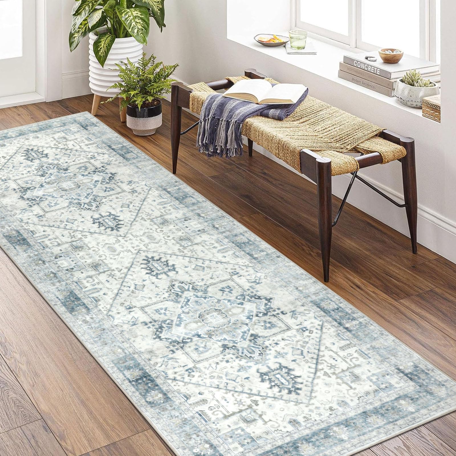 Homcomodar Alfombra Pasillo Antideslizante 80x200cm Vintage Alfombra Cocina Lavable Verde Gris Alfombra Larga de Pasillo Cocina Lavadero Entrada Habitacion OEKO-TEX STANDARD 100