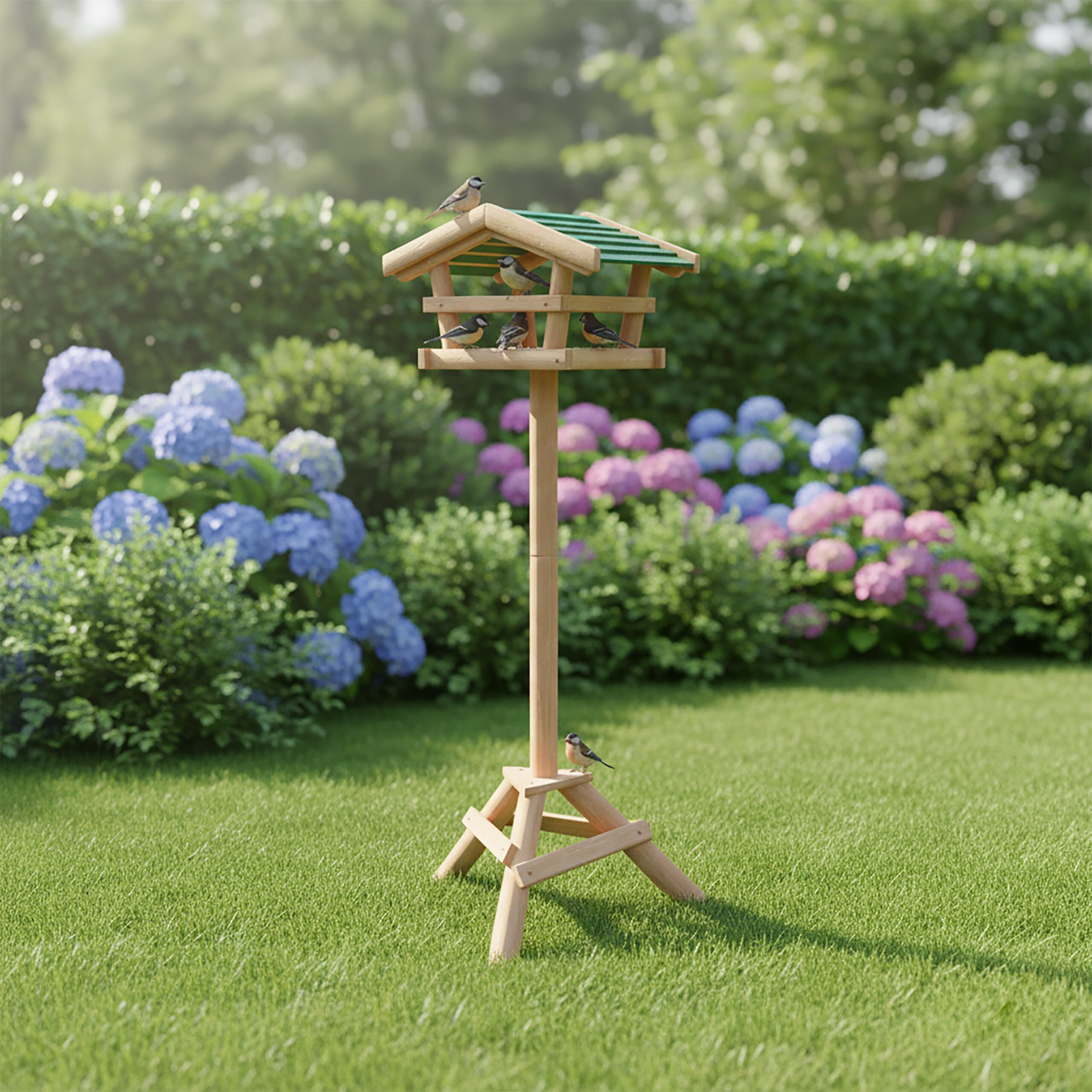 Relaxdays Cabane à oiseaux avec pied Support Décoration de jardin Mangeoire en bois Déco H x l x P: 100 x 37 x 43 cm, avec toit vert, 43x37x100 cm