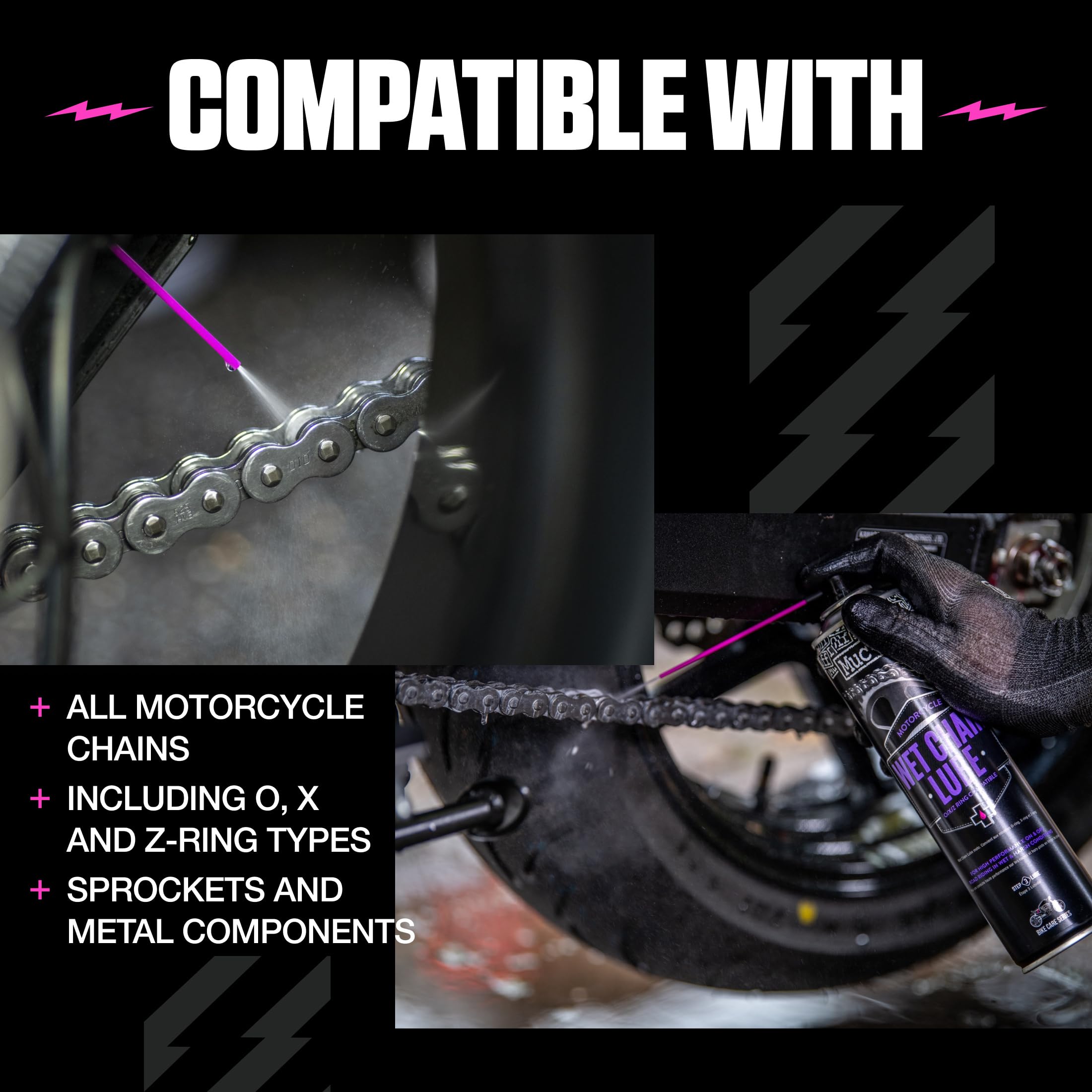 Muc-Off Wet Motorcycle Chain Lube, 400 ml - Grasso Catena Moto Spray di Alta Qualità - Lubrificante Catena Moto Formulato per Condizioni Atmosferiche Umide