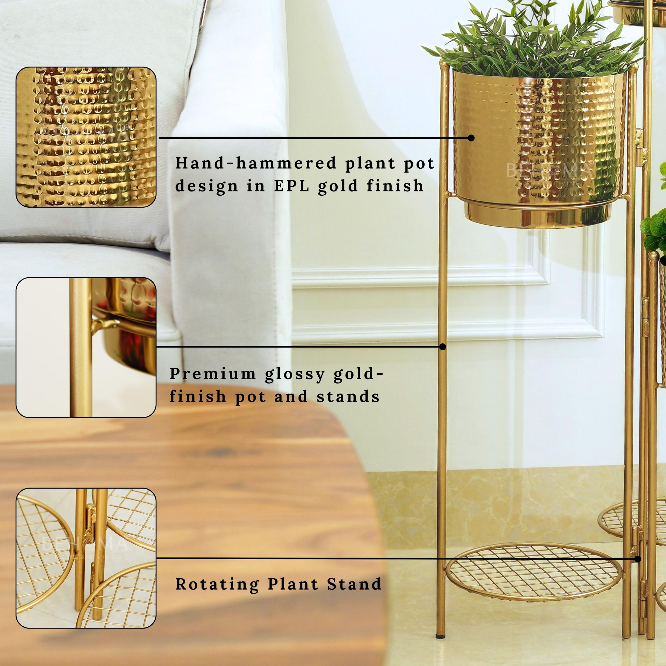 BEHOMA Gold 3-Tier Metal Planter Stand -7