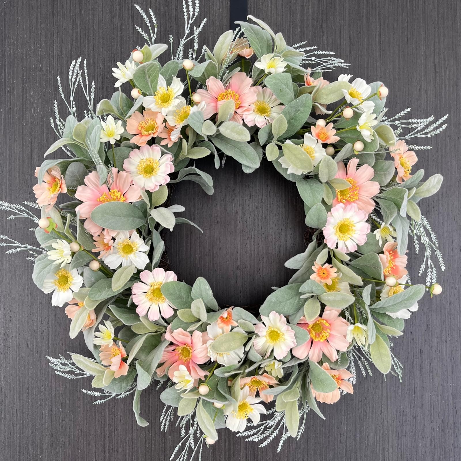 22 inch Spring Summer Wreath for Front Door Flocked Artificial Lambs Ear Wreath with Vibrant Silk Flowers and Green Leaves for Home Farmhouse Holiday Decor Gifts
