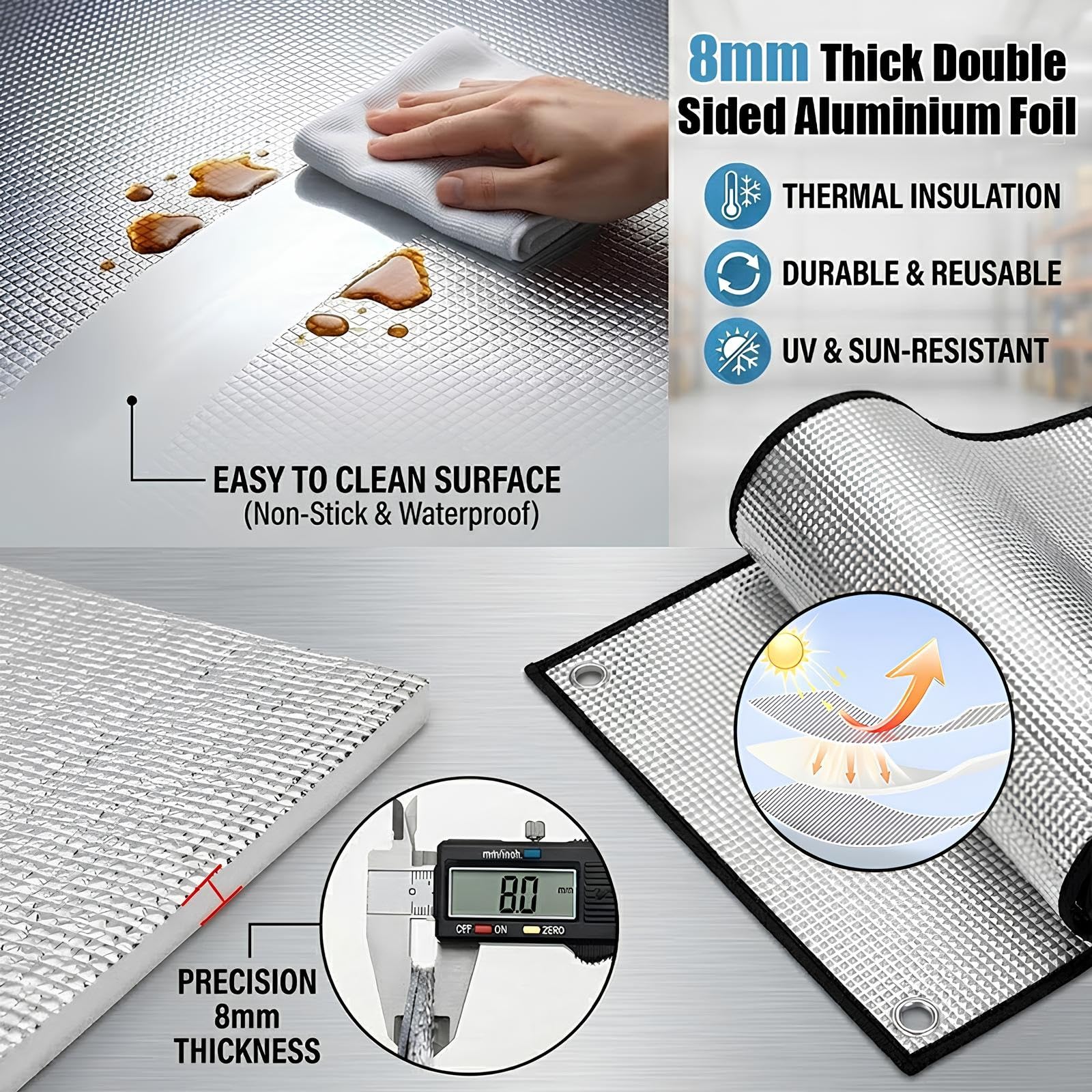 Film Fenêtre Anti Chaleur Réfléchissant, 8mm Film Isolant Thermique Réfléchissant en Aluminium avec Ventouses pour Maison, Bureau et Véranda(150x210cm)
