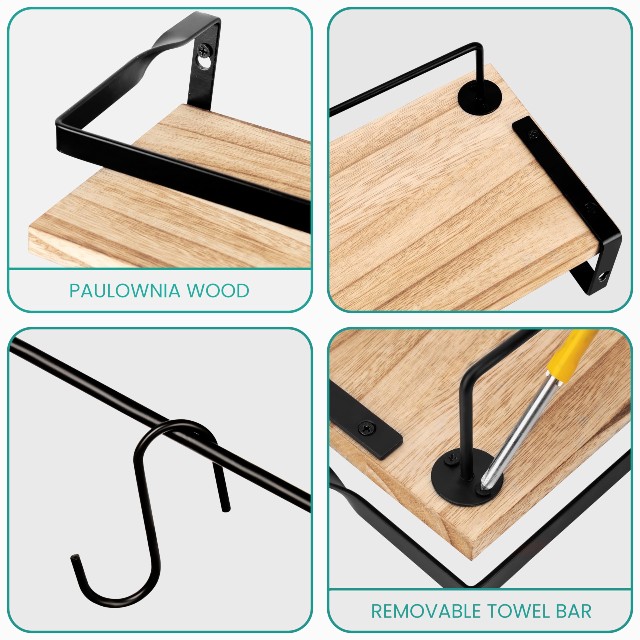 HYTROVE Lot De 2 étagères Murales Flottantes Pour Salle De Bain En Bois Avec Crochets Rustiques