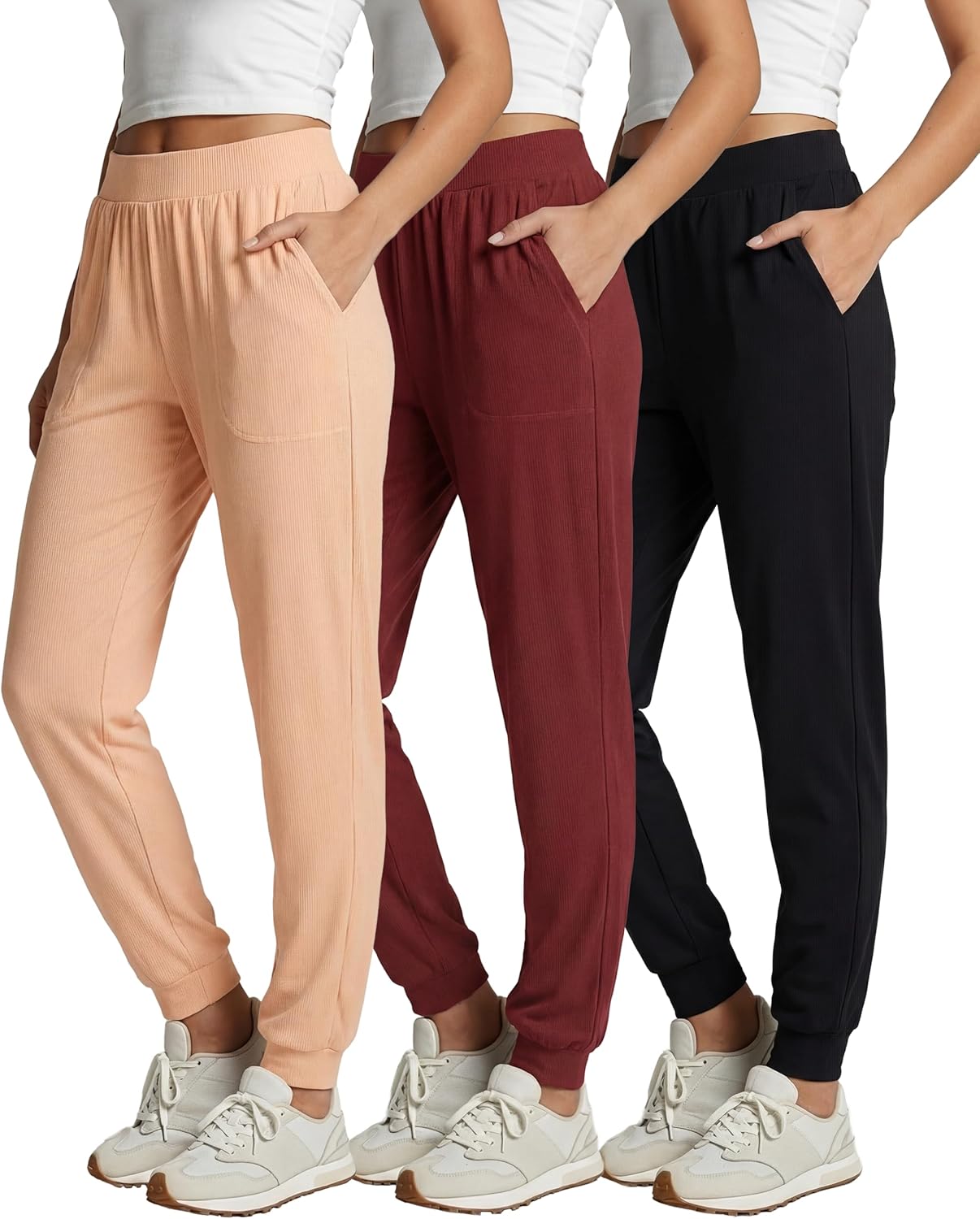 Real Essentials 3 Pack: Women's Ribbed Lounge Jogger Casual Pants Cuffed Sweatpants with Pockets (Available in Plus)