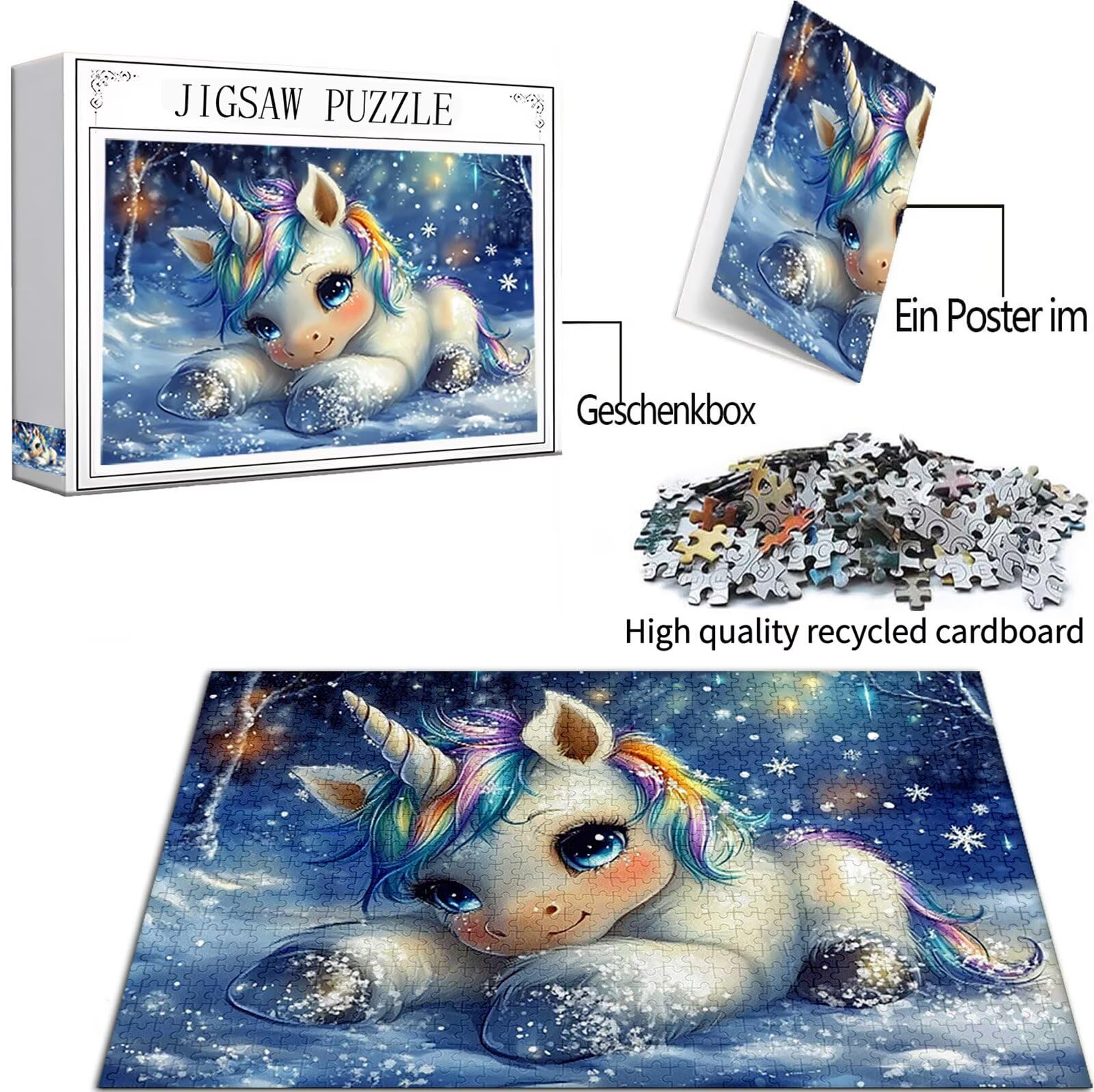 Jednorożec Puzzle 1000 Sztuk Dorosłych, Puzzle Śnieżynka Wzór Projekt, Jigsaw Dorosłych, 5D DIY Rzemiosło Rodzina Zajęcia z Pakowaniem Pudełka, Dekoracja ścienna do domu, 75 x 50 cm, Model298