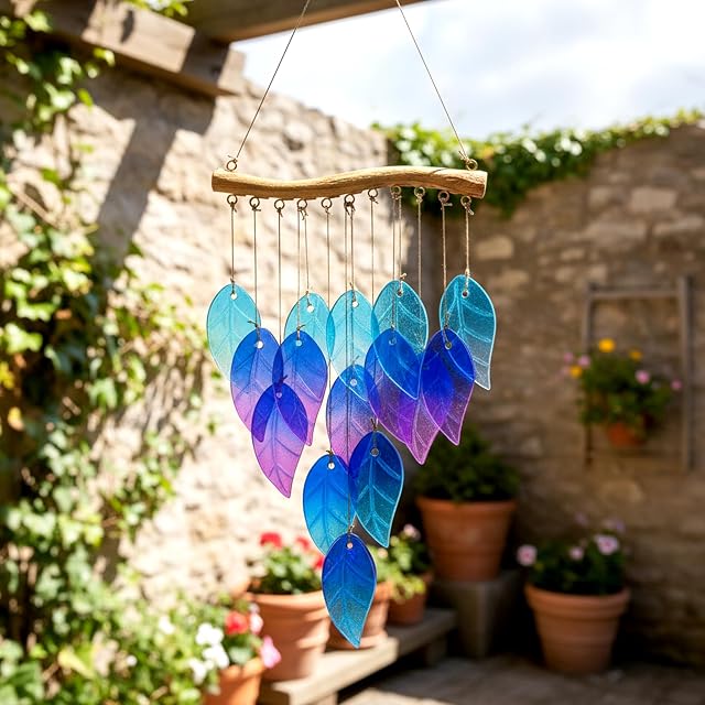 Feuilles de verre Chimes à vent pour décoration commémorative extérieure - Chimes à vent uniques pour jardin, cour, porche & Cour arrière, Décoration extérieure durable avec conception de verre artisanale
