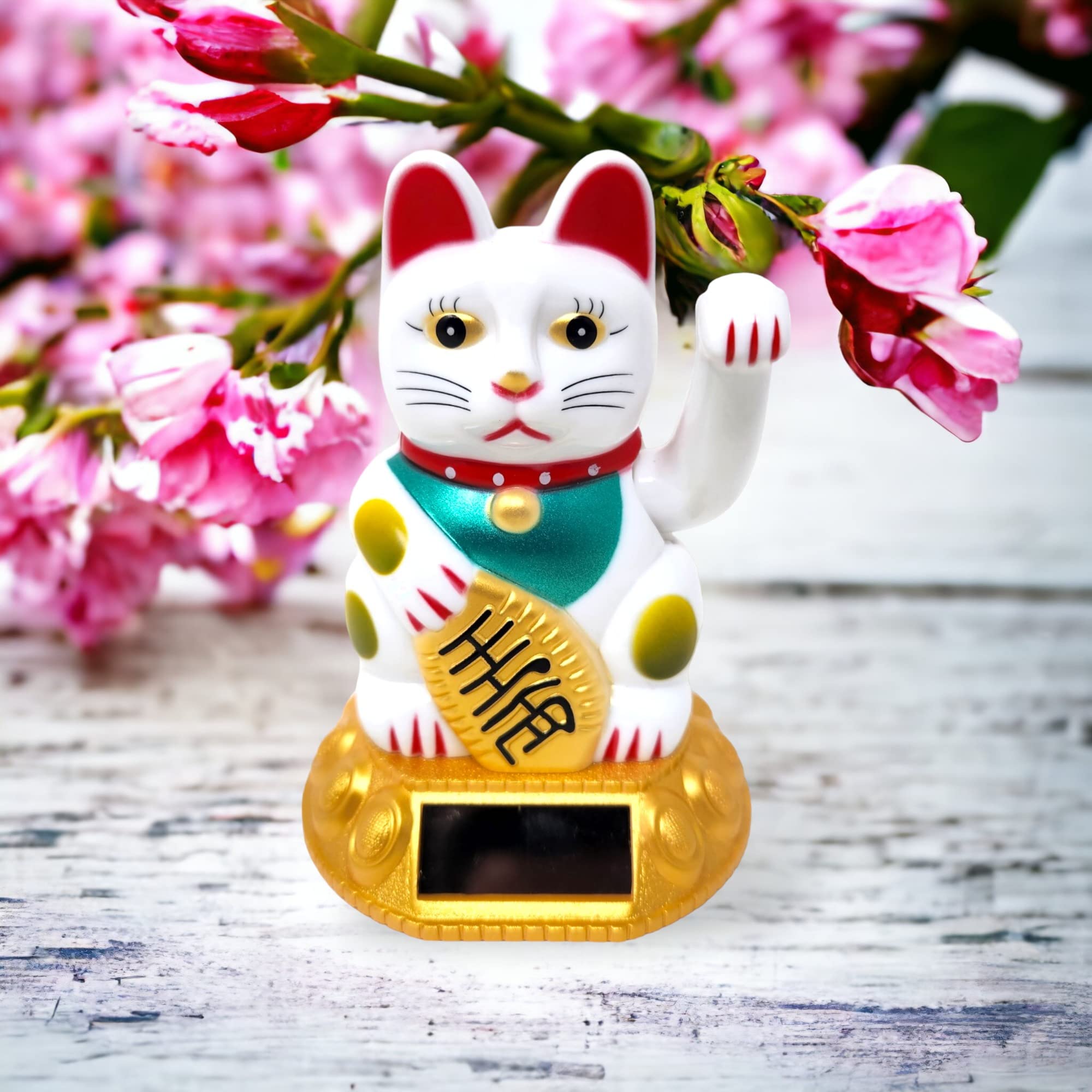 Starlet24® Machająca kotka szczęścia Winkekatze Lucky Cat Maneki-Neko Machająca japońska Maneki-Neko (Biały z ogniwami słonecznymi, 12 cm)
