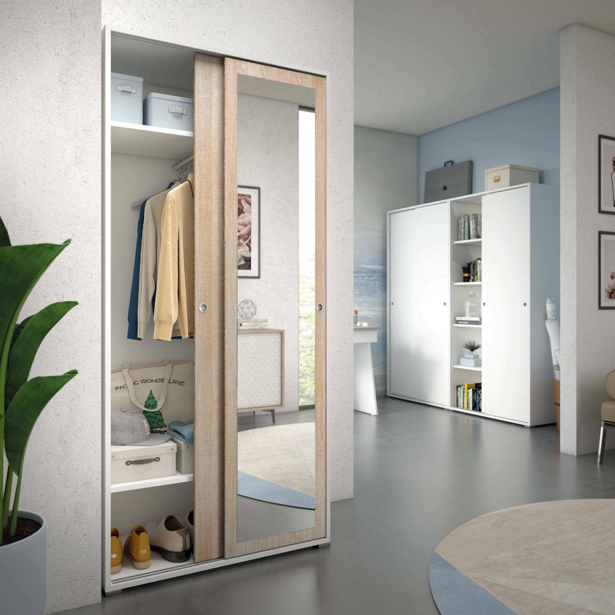 Dmora Guardaroba 2 Ante Tulipano 45x195h cm Marrone Rovere 2 Ripiani Appendiabiti, Armadio Camera da Letto Apertura Scorrevole Made in Italy
