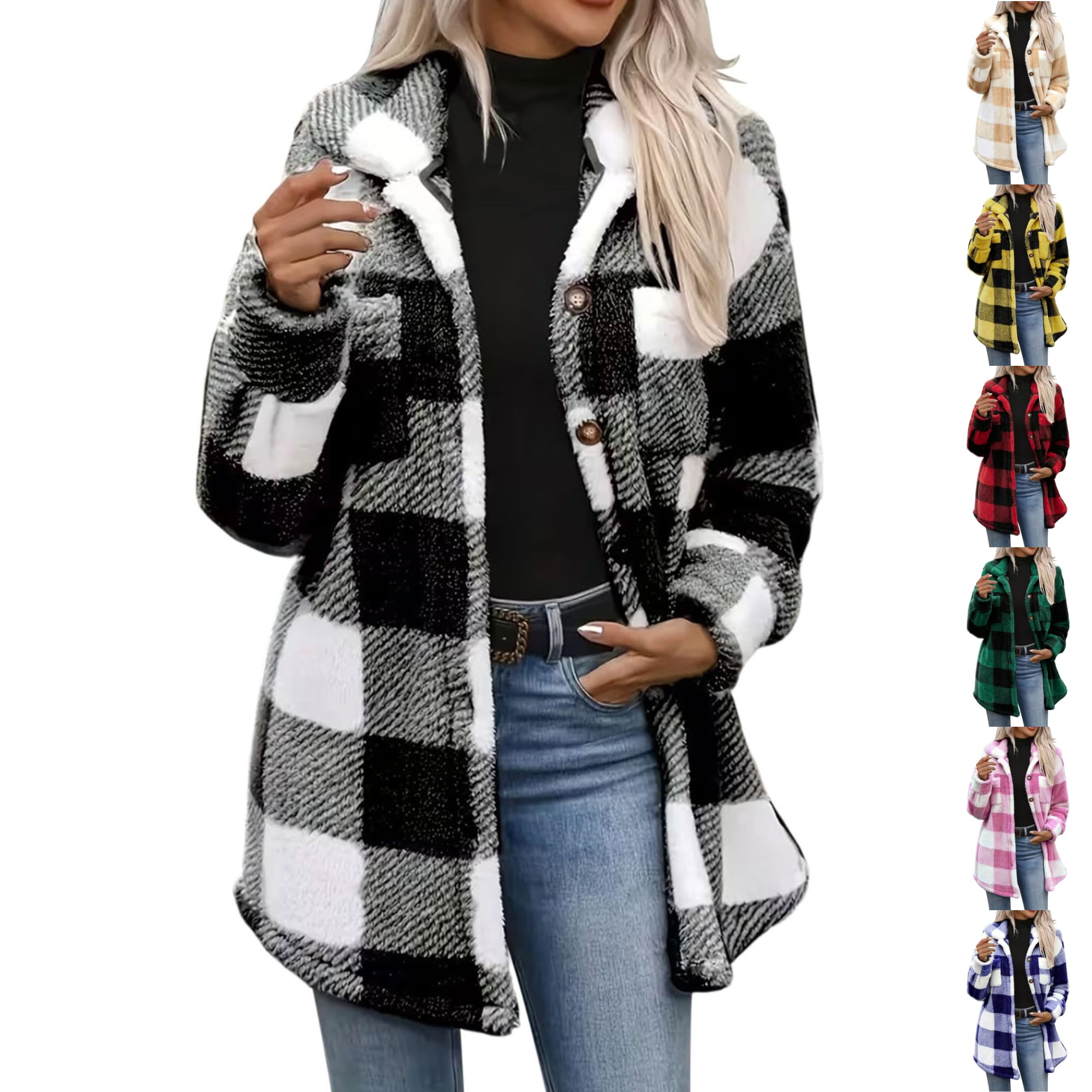 OTSANT Sherpa Jacket Women Checkered Fleece Jacket Plaid Long Sleeve Coat
