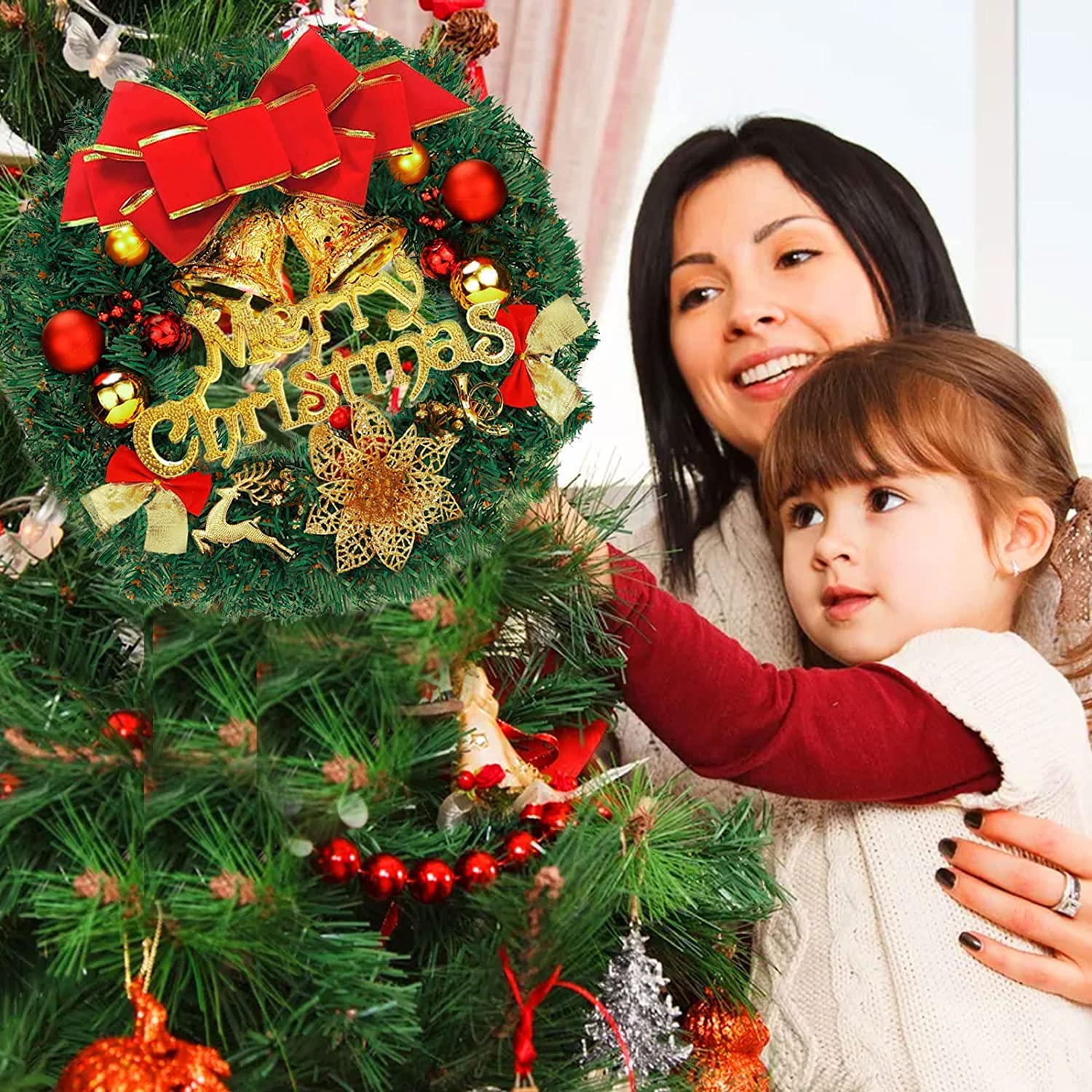 Couronne Noël 35cm ZPQAODI - Fleurs Artificielles, Cloches, Noeuds - Décoration Porte, Cheminée - Thème Rouge Or Vert