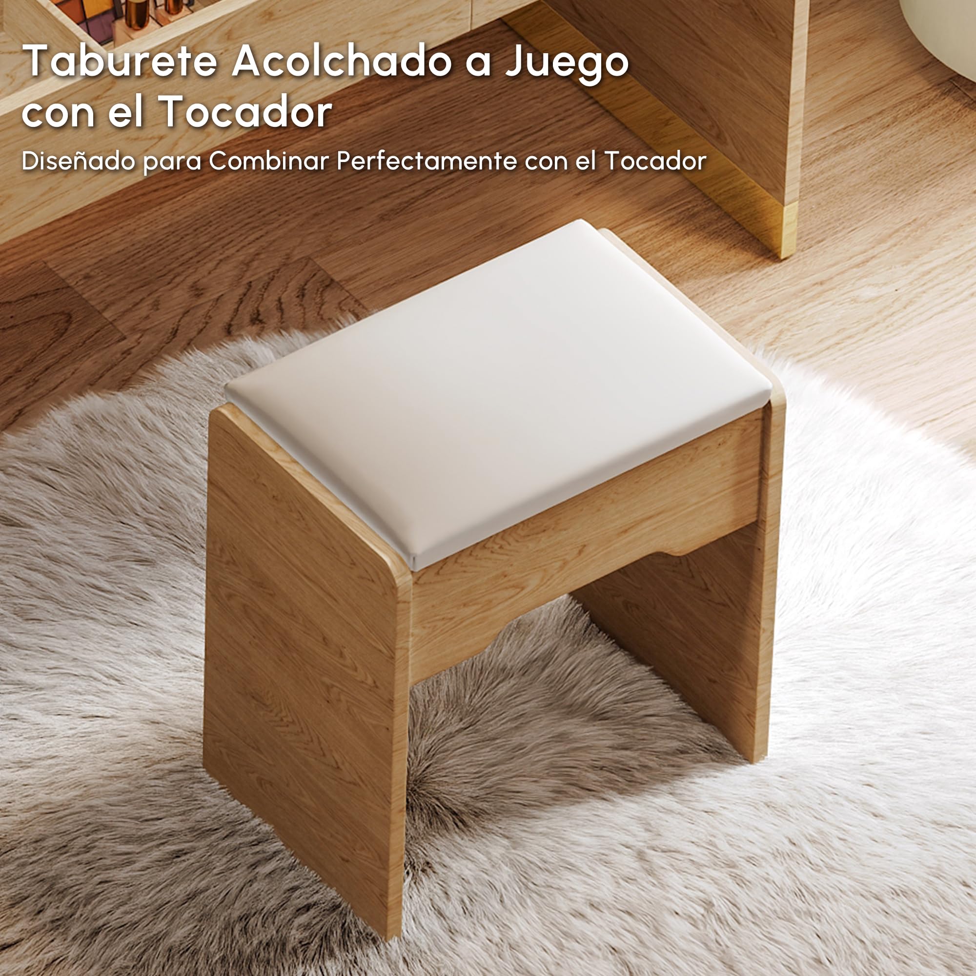 Homary Tocador de Maquillaje 140 cm con Taburete, Tocador de Maquillaje Moderno con Espejo LED, Mesa de Cristal con USB y Joyero con LED Luz, Natural