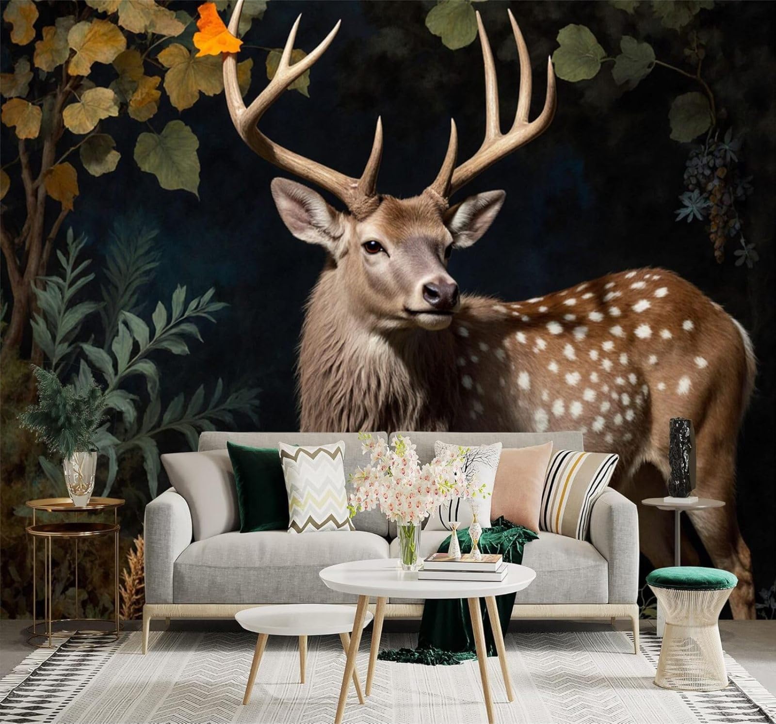 XLMING Minimalist Fresh Forest Autumn Leaves Deer 3D Wallpaper Silky Texture Home Study Office Grey Dining Room Sofa Bedroom Living Room TV Backdrop-300cm×210cm