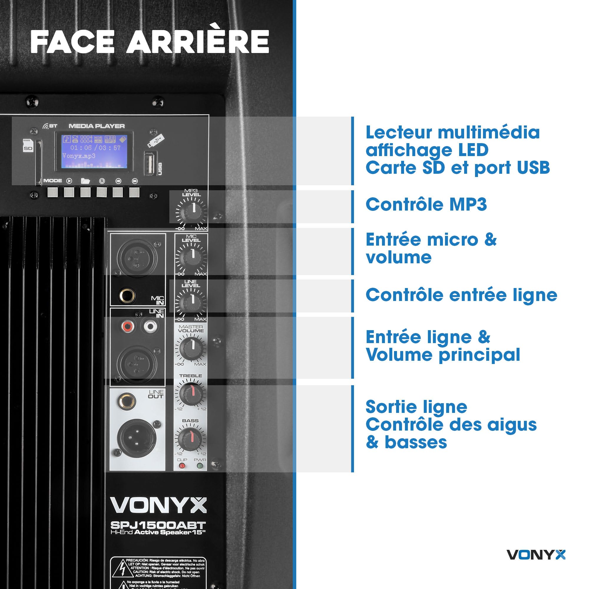 VONYX SPJ-1500A Enceinte Active 15" 800 Watts, Enceinte Amplifiée, Sonorisation Professionnelle, Boitier ABS Solide, Haut-Parleur Mobile, Woofer 15 Pouces, Entrée Ligne Micro