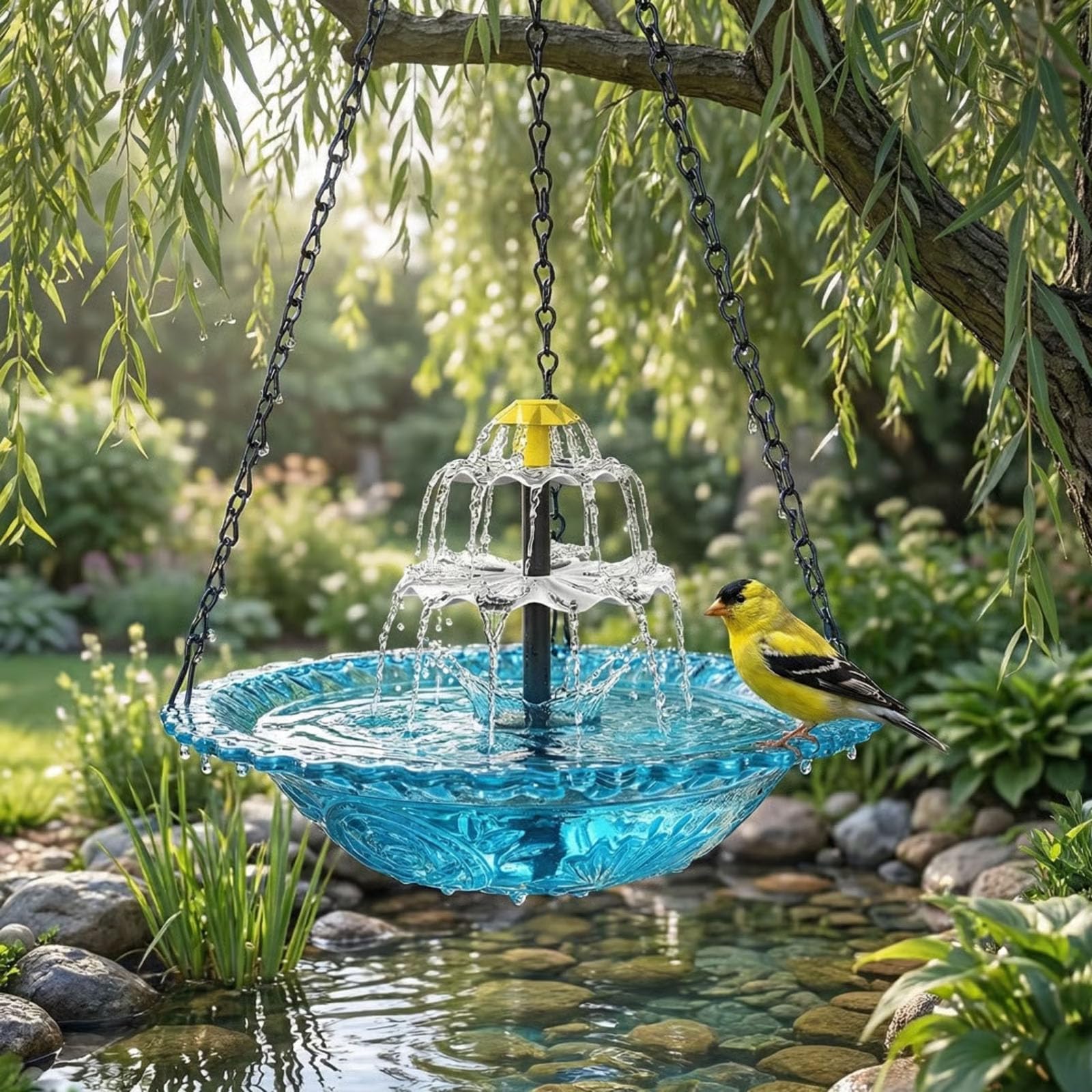 Bain d'oiseaux Abreuvoir Exterieur,Mangeoire Oiseaux Décoration pour Jardin,Fontaine Solaire pour Oiseaux,Bains pour Oiseaux Sauvages,Décor Suspendu pour Jardin Et Balcon Attirant Les Colibris(Bleu)