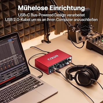 Audio Interface 2×2 USB C Audio Interface with 48V Phantom Power 24 bit/192 kHz for Studio & Podcast XLR/TS Double Input for Guitar/Microphone Plug & Play for PC/Mac/iPad (Red)