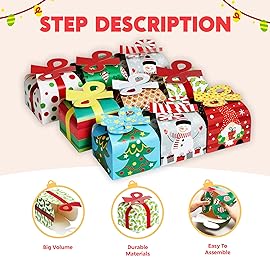 JOYIN 24 PCS 3D Christmas Goody Gift Boxes with Bow for Holiday Xmas Goodie Paper Boxes, School Classroom Party Favor Supply, 6 x 6 x 5.5 8 Designs Candy Treat Cardboard Cookie Box for Gift Giving