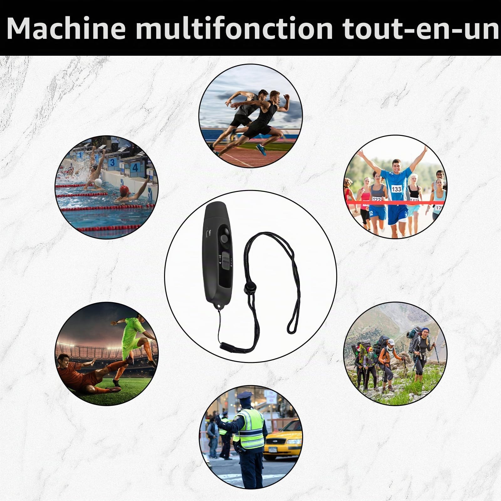 GAOUTO Sifflet électronique avec 3 sons et 2 modes d'éclairage LED, sifflet de sport portable, sifflet haute fréquence, sifflet d'extérieur pour entraîneurs, arbitres, sports, survie (noir)