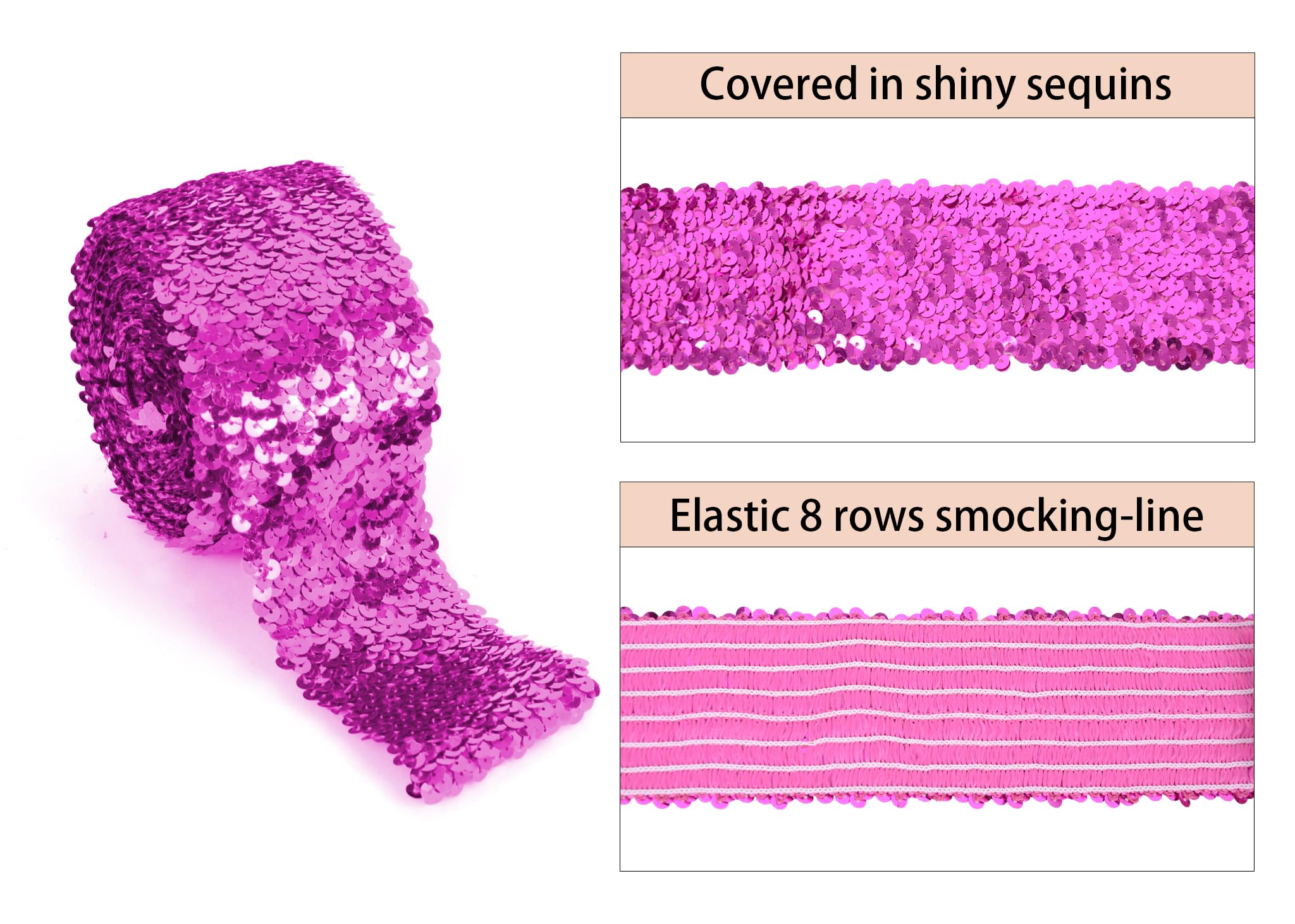 Elastic Sequin Trim, 3 Inch 8 Row Wide Flat Glitter Bling Fabric Paillette Sequin Ribbon, Metallic Stretch Sequin Strip Sewing DIY Embellishment, 5.5 Yards, Hot Pink