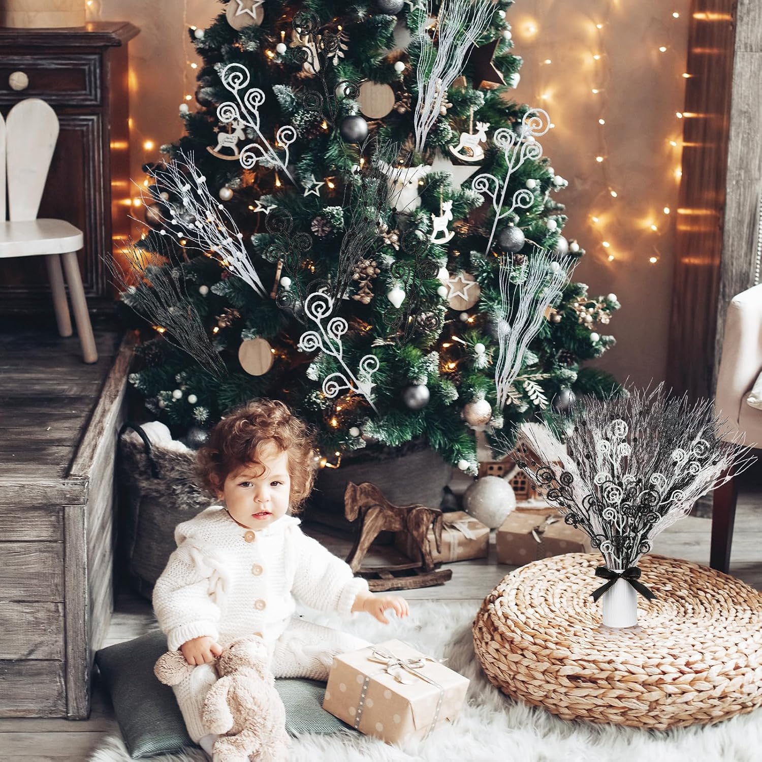 48 Pcs Black White Tree Picks and Sprays 17'' Artificial Glitter Christmas Berry Stem Glitter Stems Floral Stems for Vase Filler Home Table Decor