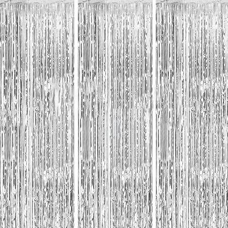 3 Packs 3.2ft x 6.6ft Silver Metallic Tinsel Foil Fringe Curtains Photo Booth Props for Birthday Wedding Engagement Bridal Shower Baby Shower Bachelorette Holiday Celebration Party Decorations