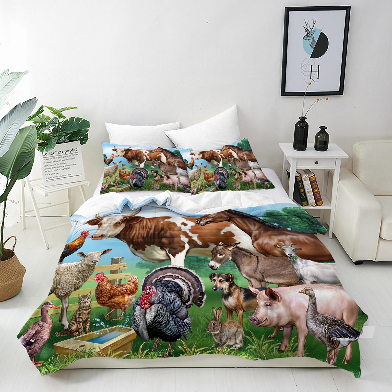 ANHOPE Farm Animal Duvet Cover Set Soft Lightweight Microfibre Quilt Cover with 2 Pillowcase Cow Horse Sheep Pig Rooster Hen Print Pattern 3 Pcs Bedding Set with Zipper Closure Double 200 x 200 cm โ image 1