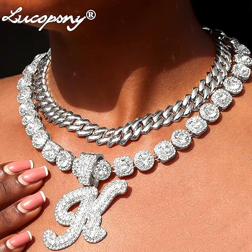 Miniatura 3 de Lucopsny 2 cadenas de eslabones cubanos para mujer, collar con inicial de plata cursiva, collar de eslabones cubanos para mujer, collar de cadena