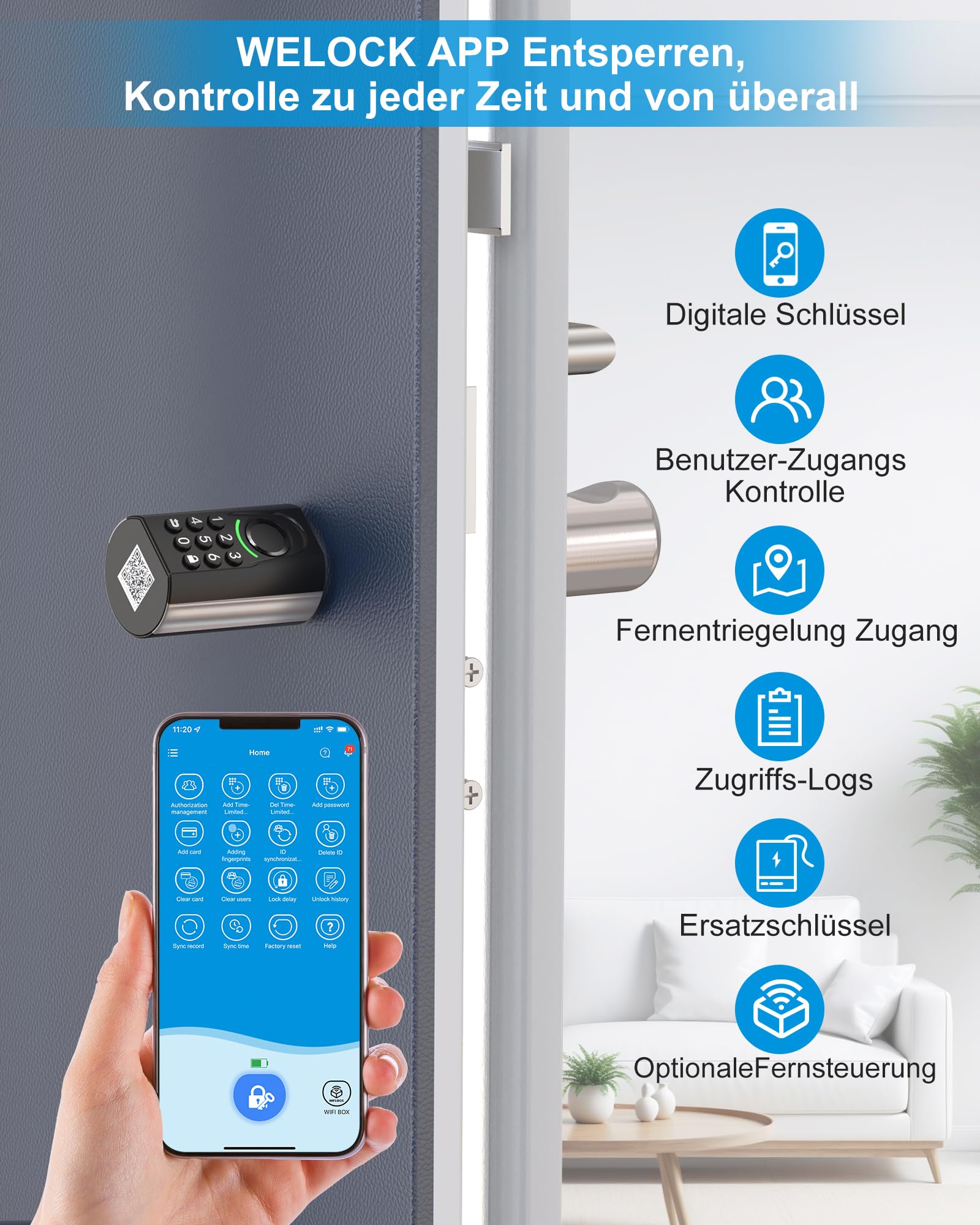 WELOCK ToucA71 Smartes Türschloss Fingerabdruck für EU-Profil Türen | Smartes Türschloss mit Fingerabdruck Passcode, RFID-Karte, APP Mechanischer Schlüssel, IP65 Verstellbar für 50-90mm