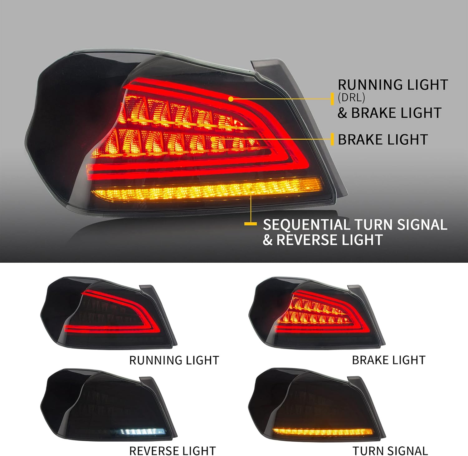 VLAND LED Smoked Tail Lights Compatible For [ Subaru WRX 2015-2021 Subaru WRX STI ] With Sequential Turn Signal Rear Lamps Assembly, YAB-WRX-0286S, Driver & Passenger Side, Set
